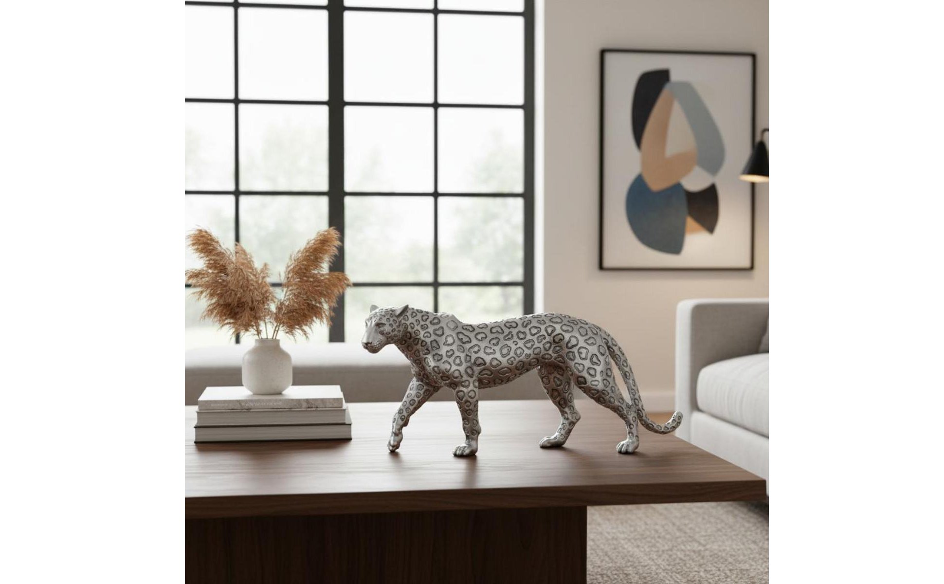 Resin Leopard Sculpture Electroplated Silver Leopard Figurine Luxury Look