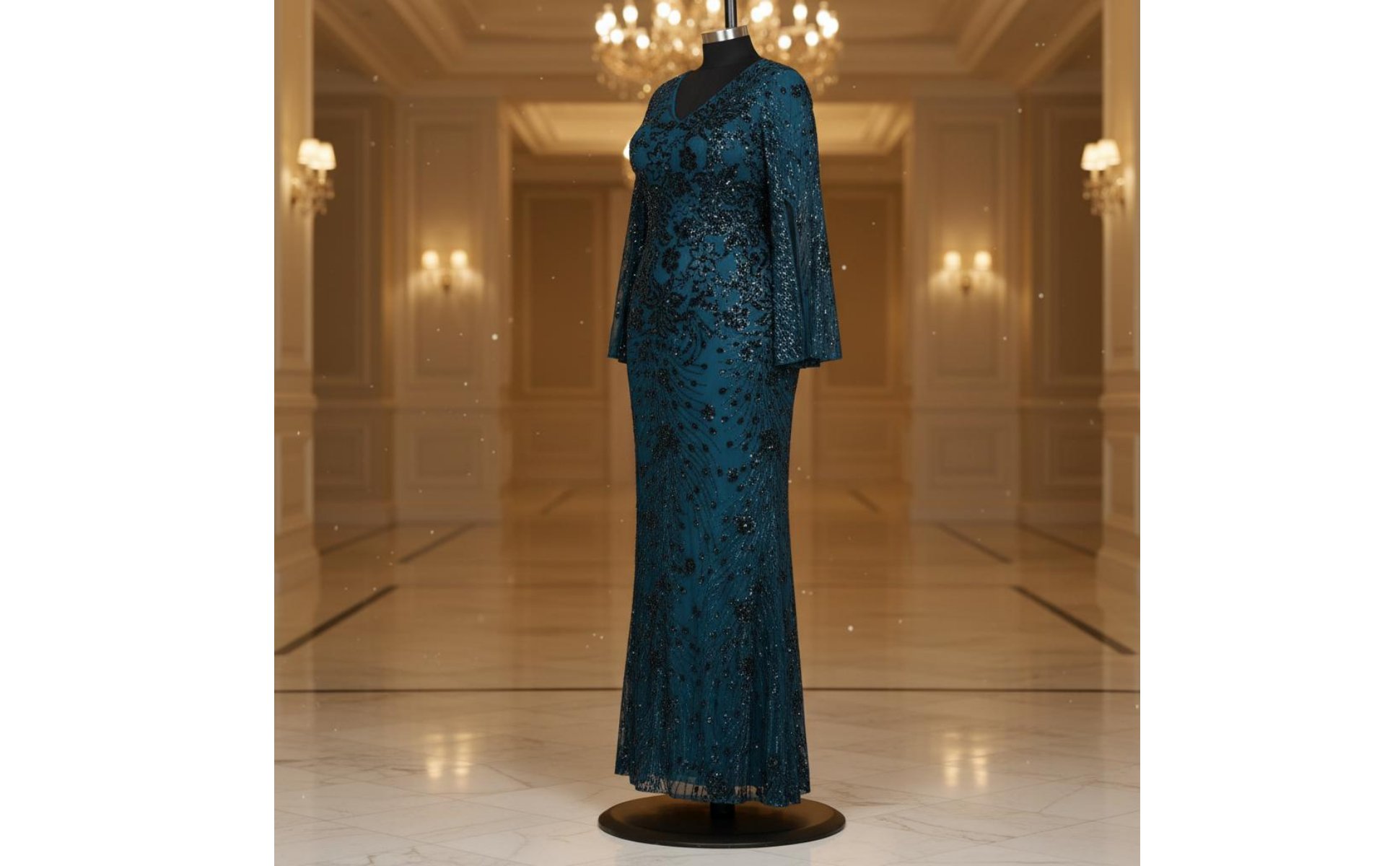 Sequin Mermaid Gown Bodycon Long Sleeve Sequin Dress V-Neck for Banquet