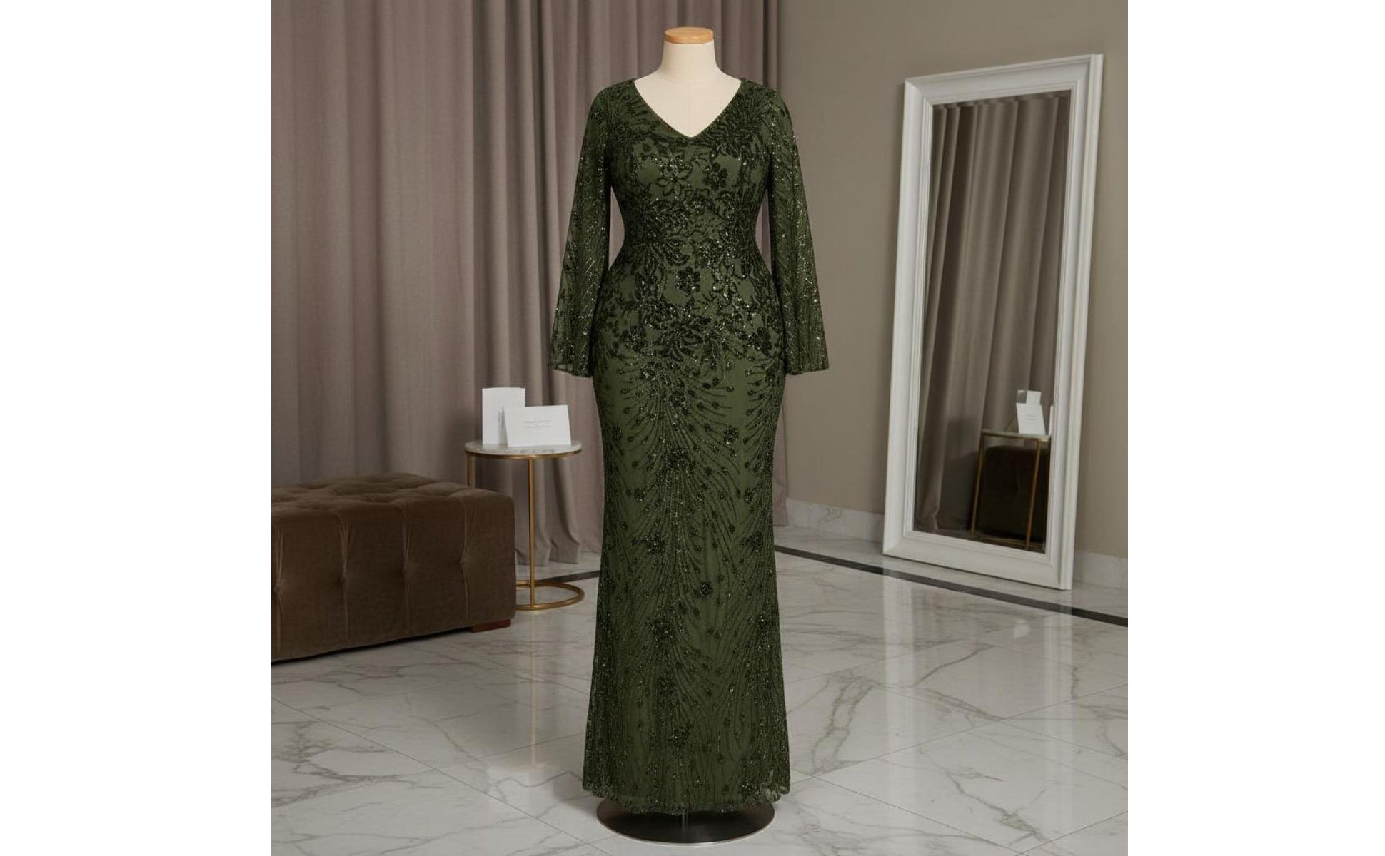 Sequin Mermaid Gown Bodycon Long Sleeve Sequin Dress V-Neck for Banquet