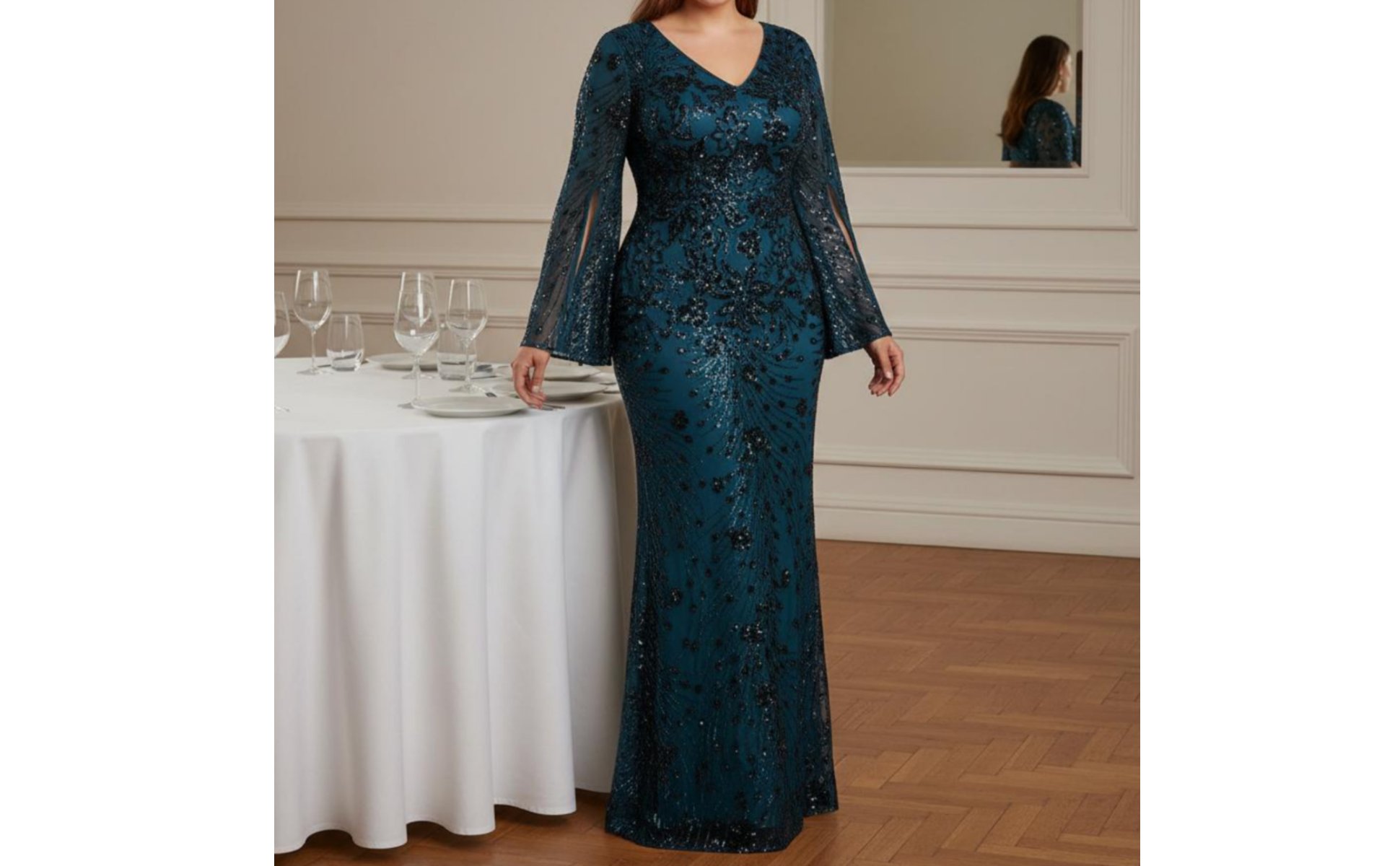 Sequin Mermaid Gown Bodycon Long Sleeve Sequin Dress V-Neck for Banquet