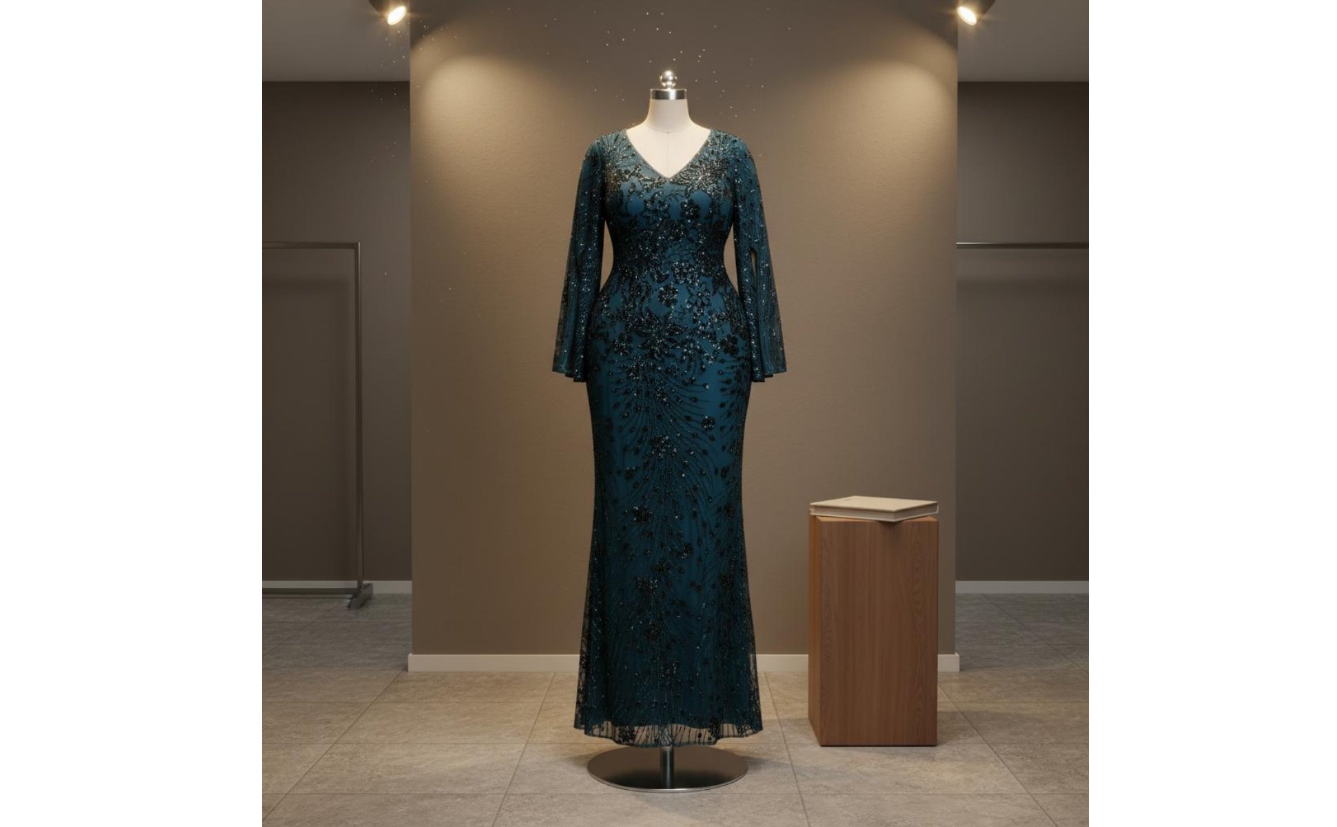 Sequin Mermaid Gown Bodycon Long Sleeve Sequin Dress V-Neck for Banquet