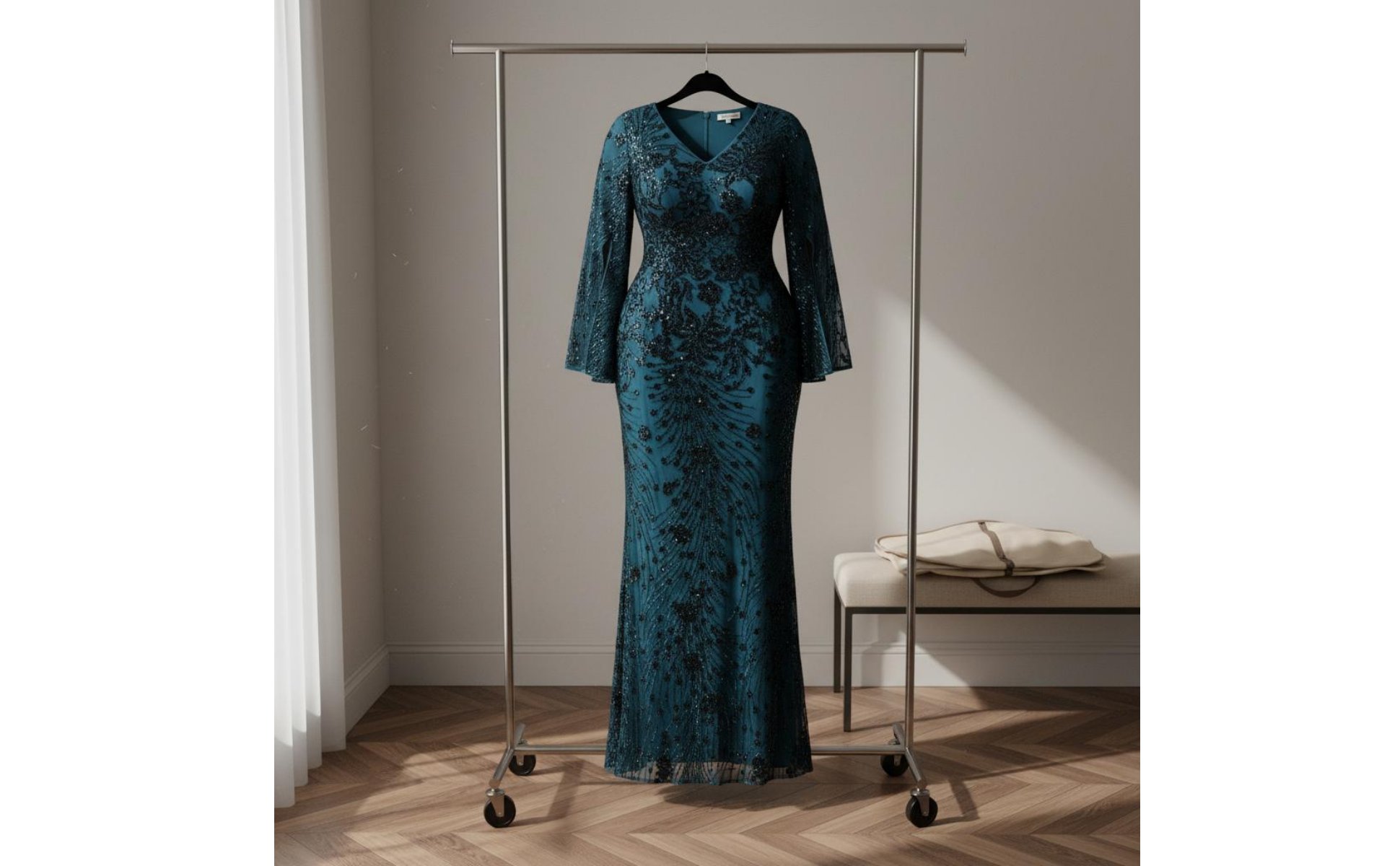 Sequin Mermaid Gown Bodycon Long Sleeve Sequin Dress V-Neck for Banquet