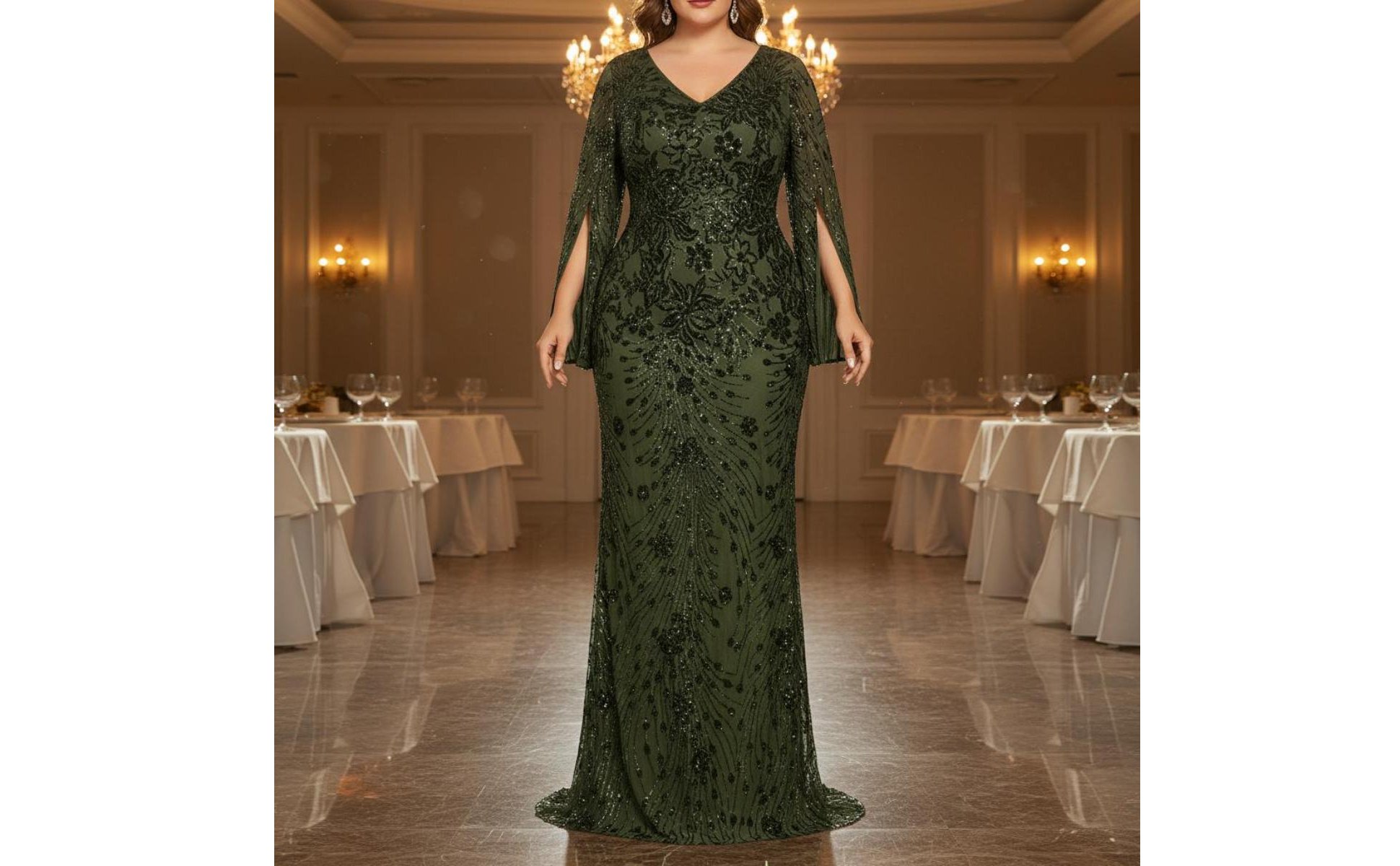 Sequin Mermaid Gown Bodycon Long Sleeve Sequin Dress V-Neck for Banquet