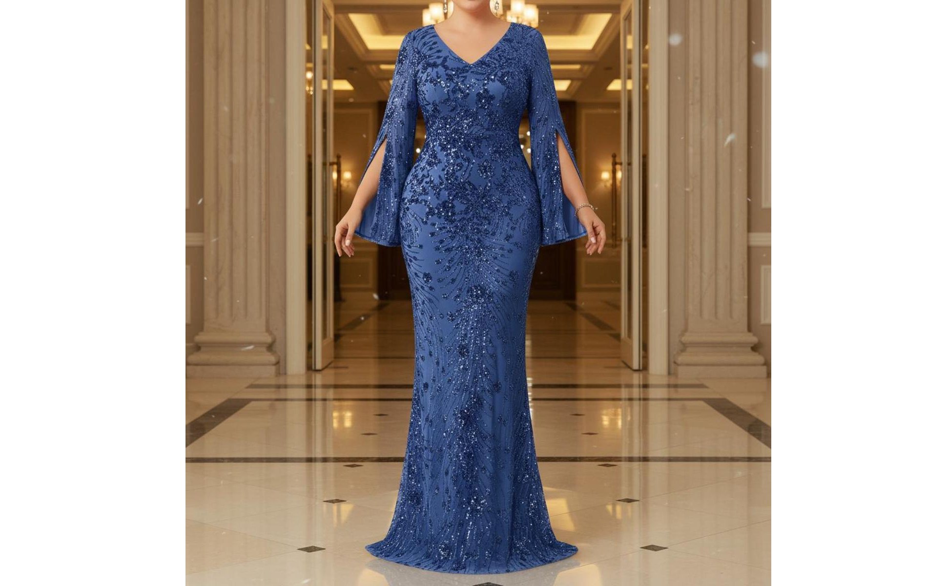 Sequin Mermaid Gown Bodycon Long Sleeve Sequin Dress V-Neck for Banquet