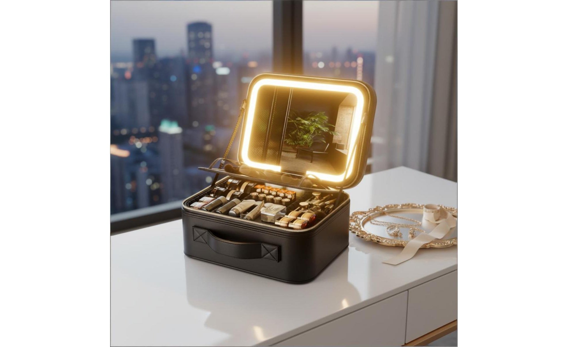 Portable Vanity Case with LED Mirror Large Capacity Lighted Makeup Train Case