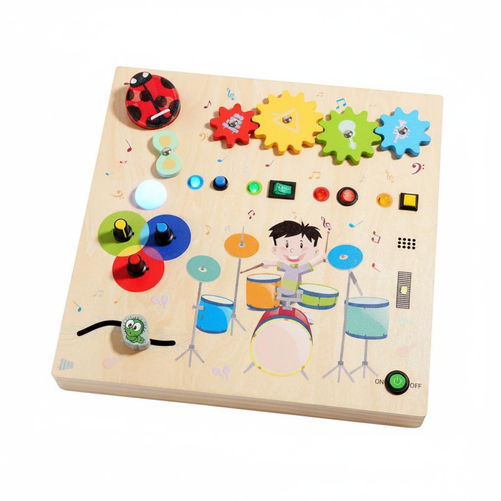 Early Learning Drum Set Busy Board Interactive Wooden Busy Board Fine Movement Skills Educational Toy Sensory Play for Children, Toddlers, Christmas Gift