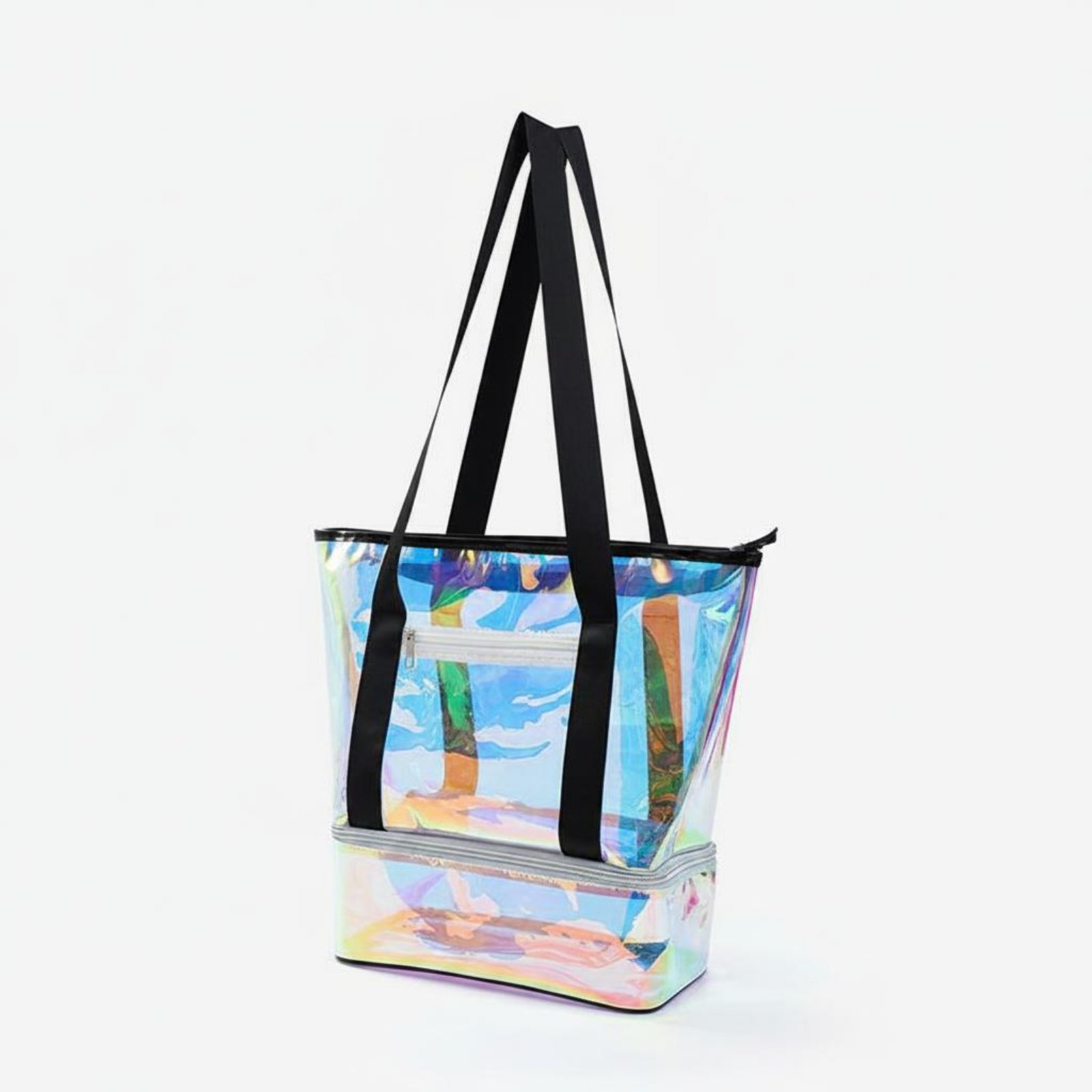 Water Resistant Waterproof Beach Tote Large Capacity Holographic Dot Pattern Tote Lightweight Wet Dry Separation Bag Zipper Closure for Women, Swimming, Travel