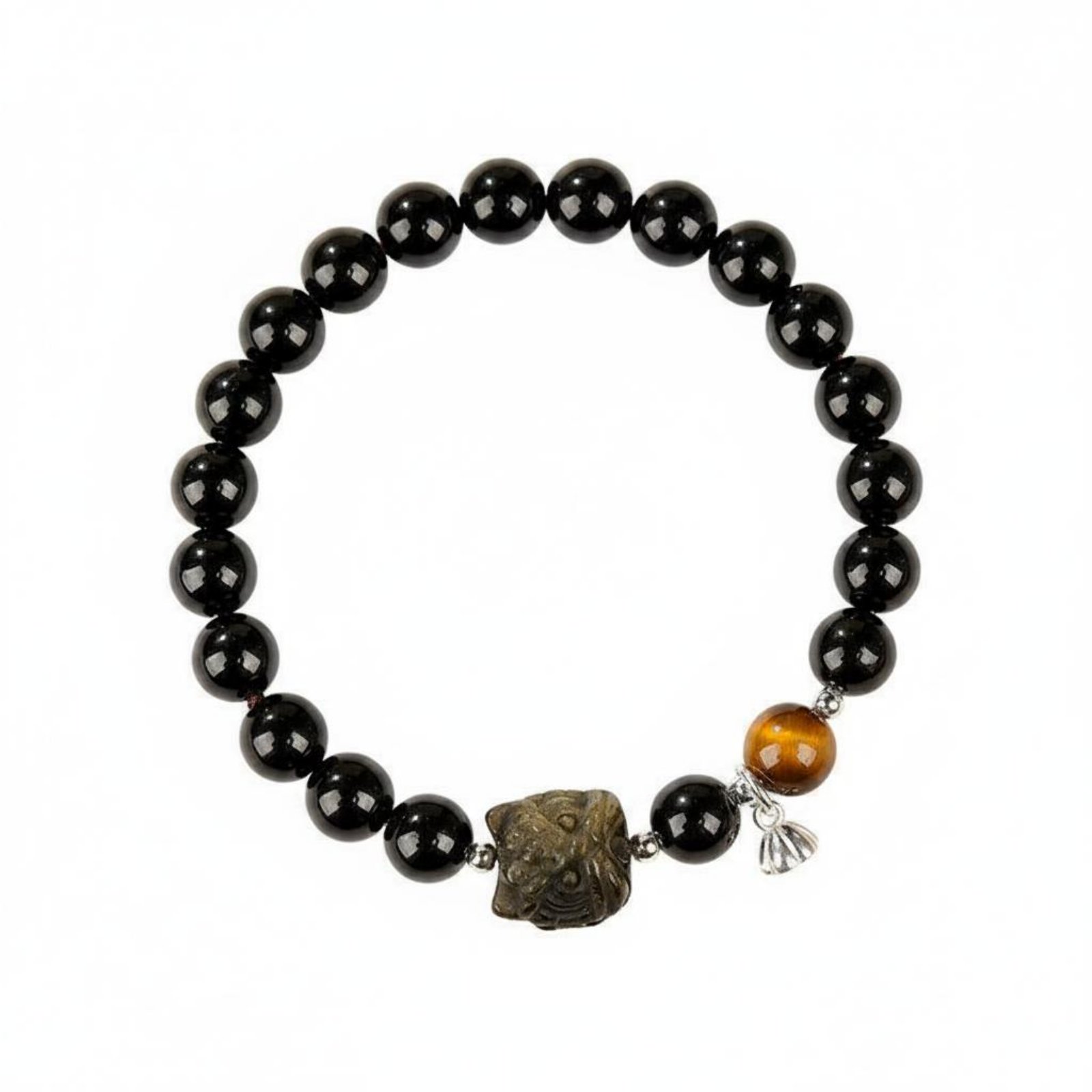 Chinese Design Black Obsidian Bracelet Natural Gemstone Obsidian Bracelet Polished Polished Beads Wrist Jewelry Elastic Fit For
