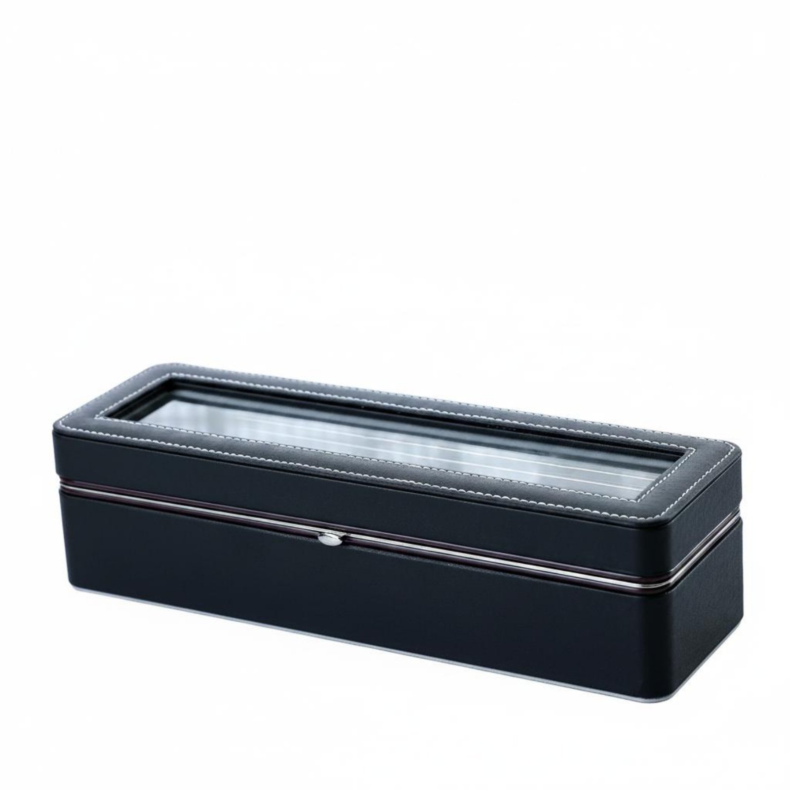 Metal Border PU Leather Watch Box Iron Hinge 6-Slot Watch Box Transparent Lid Premium Finish for Gift Packaging