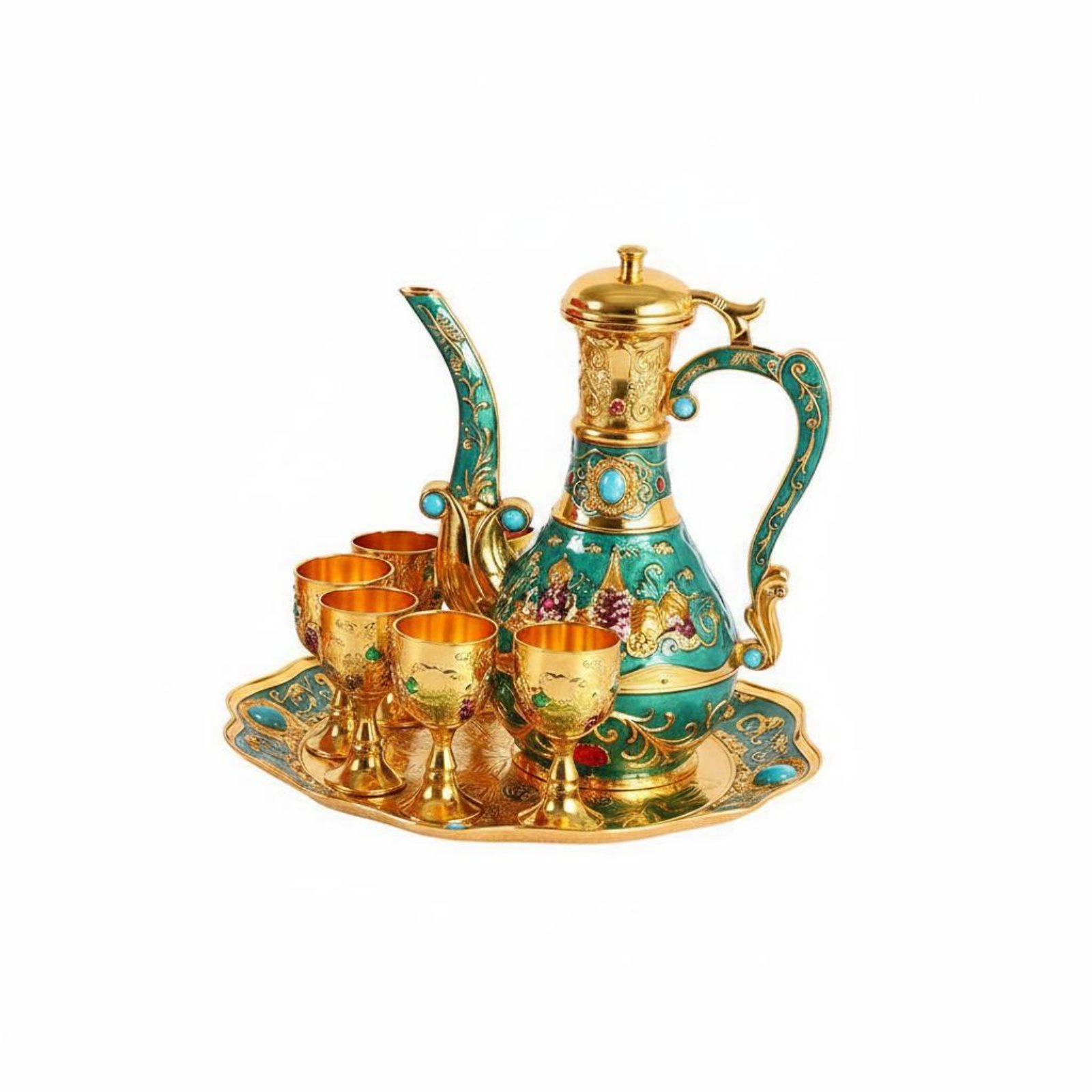 Gift Idea Sapphire Green Goblet Set Gold Wine Decanter Set for Banquets, Hotel Dining, Parties