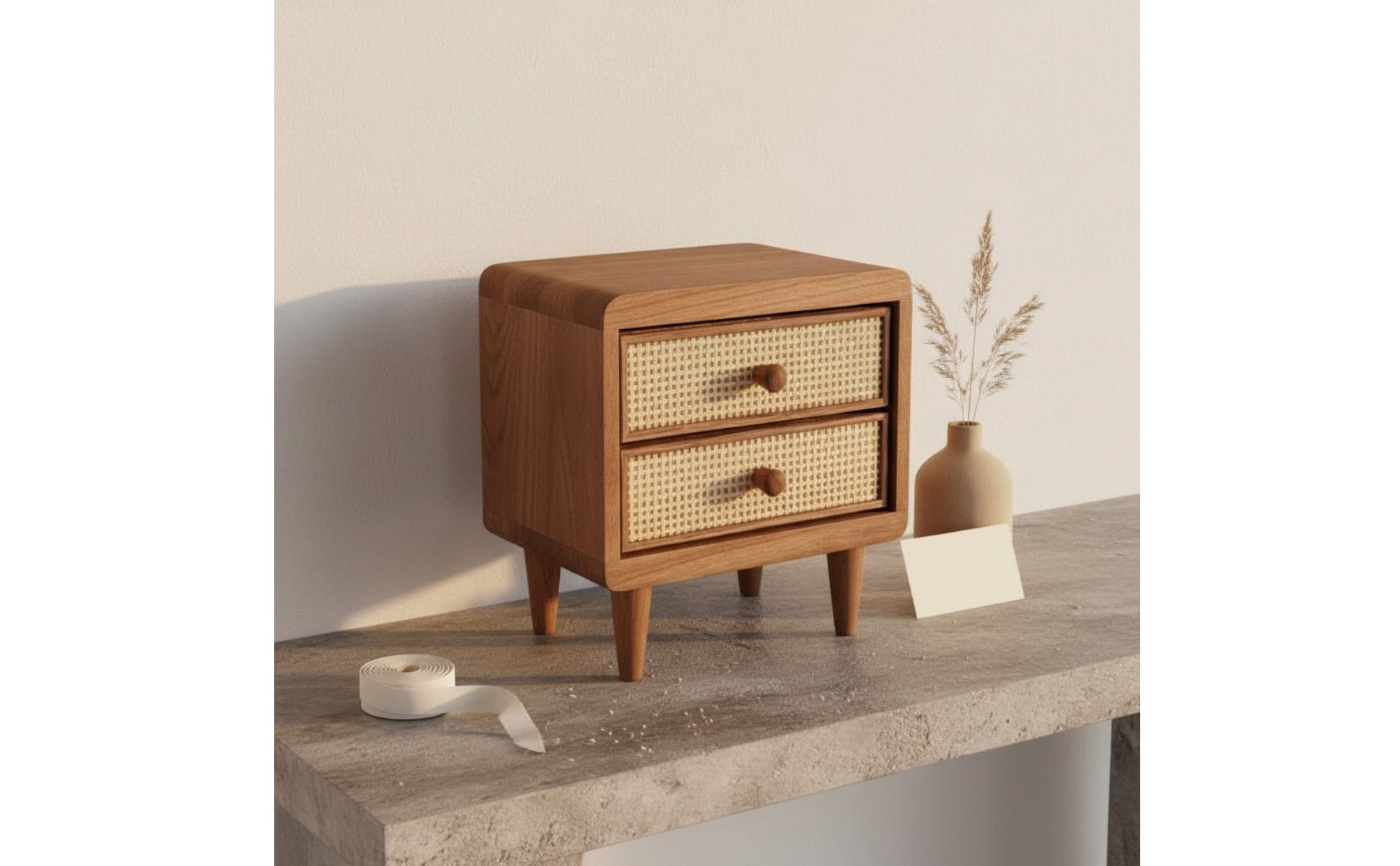 Wooden Rattan Drawer Box Handwoven Cane Front Vintage Wooden Storage Chest