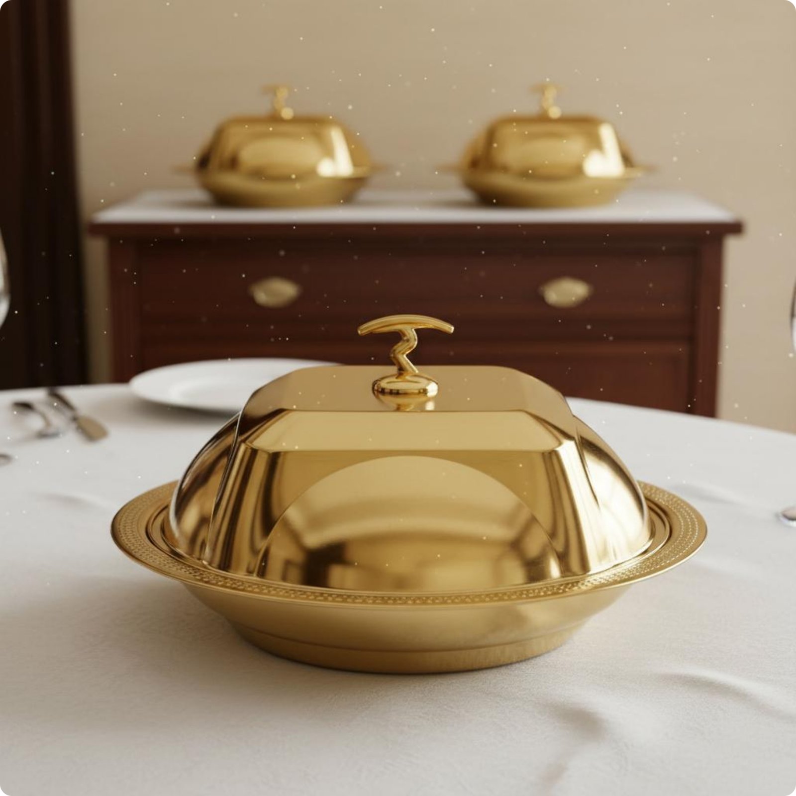 3 Pieces Round Serving Dome Cover Dustproof Gold Lid Tray Mirror Polished Finish
