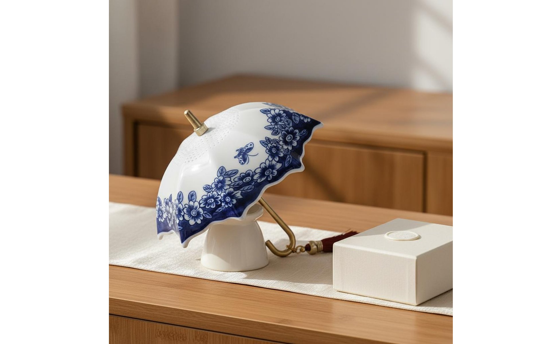 Filtro Tè Ombrello Stile Tradizionale Cinese Infusore Ceramico Blu Bianco