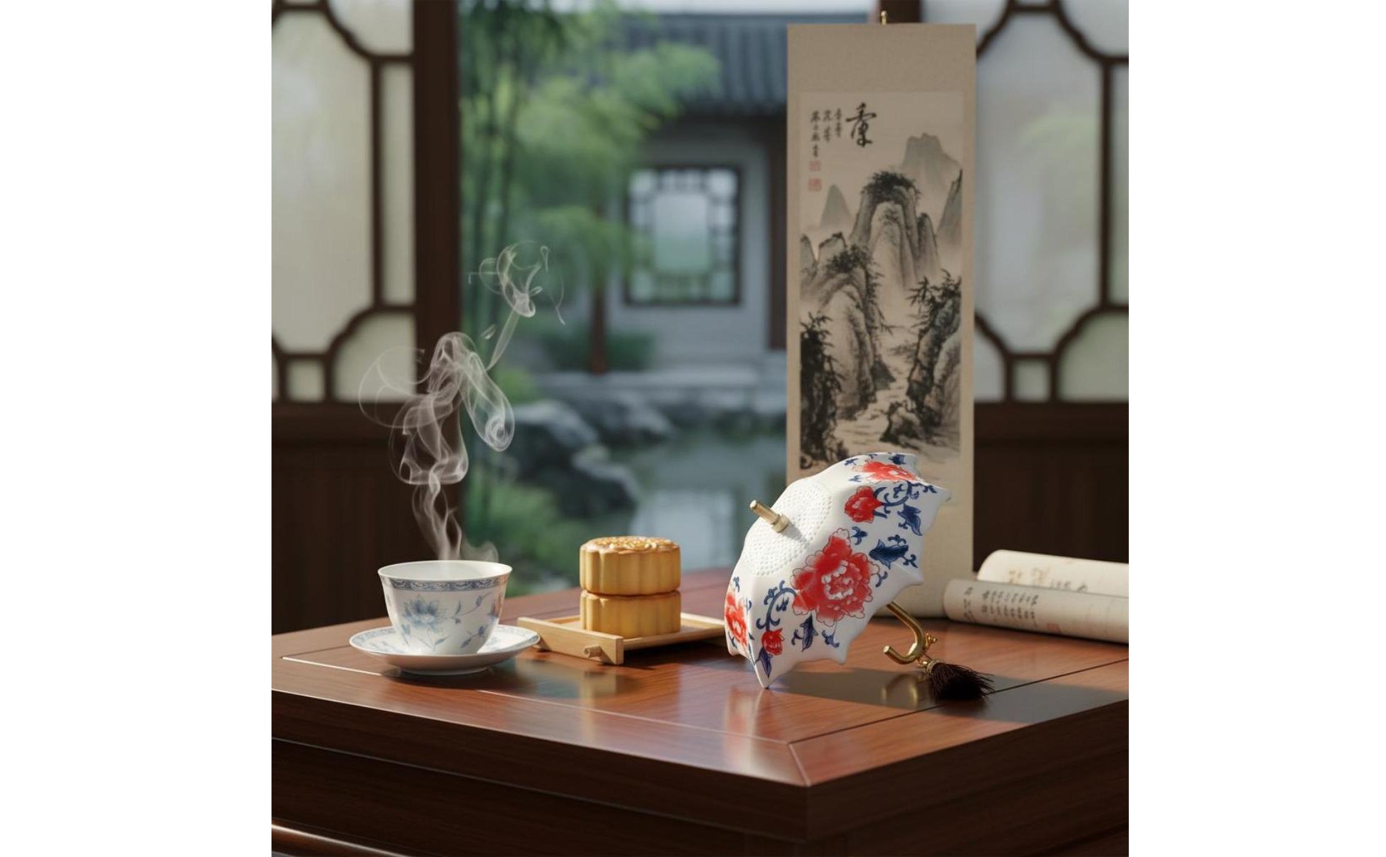 Filtro Tè Ombrello Stile Tradizionale Cinese Infusore Ceramico Blu Bianco
