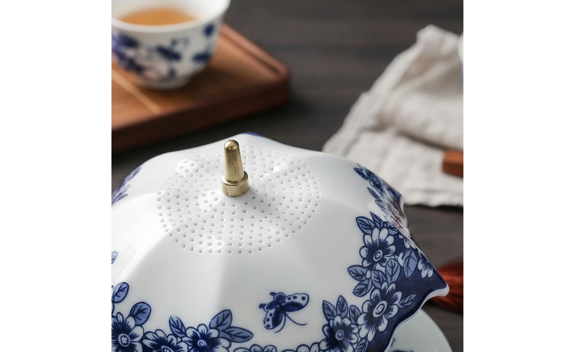 Filtro Tè Ombrello Stile Tradizionale Cinese Infusore Ceramico Blu Bianco