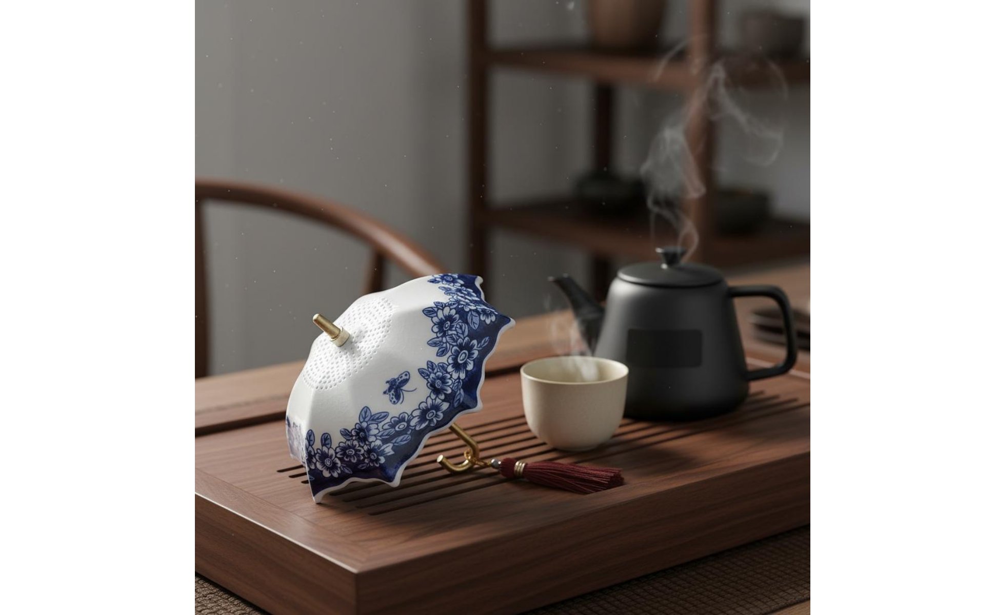 Filtro Tè Ombrello Stile Tradizionale Cinese Infusore Ceramico Blu Bianco