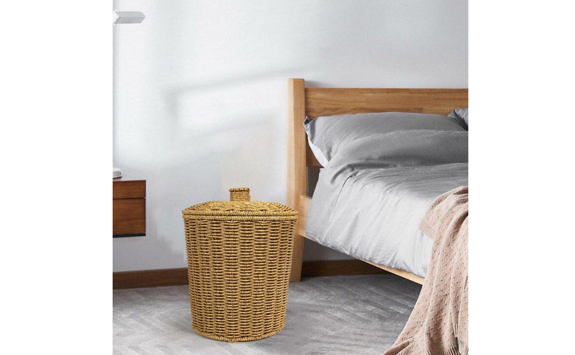 Lidded Trash Bin Retro Design Rattan Waste Bin Woven Texture for Bedroom, Office