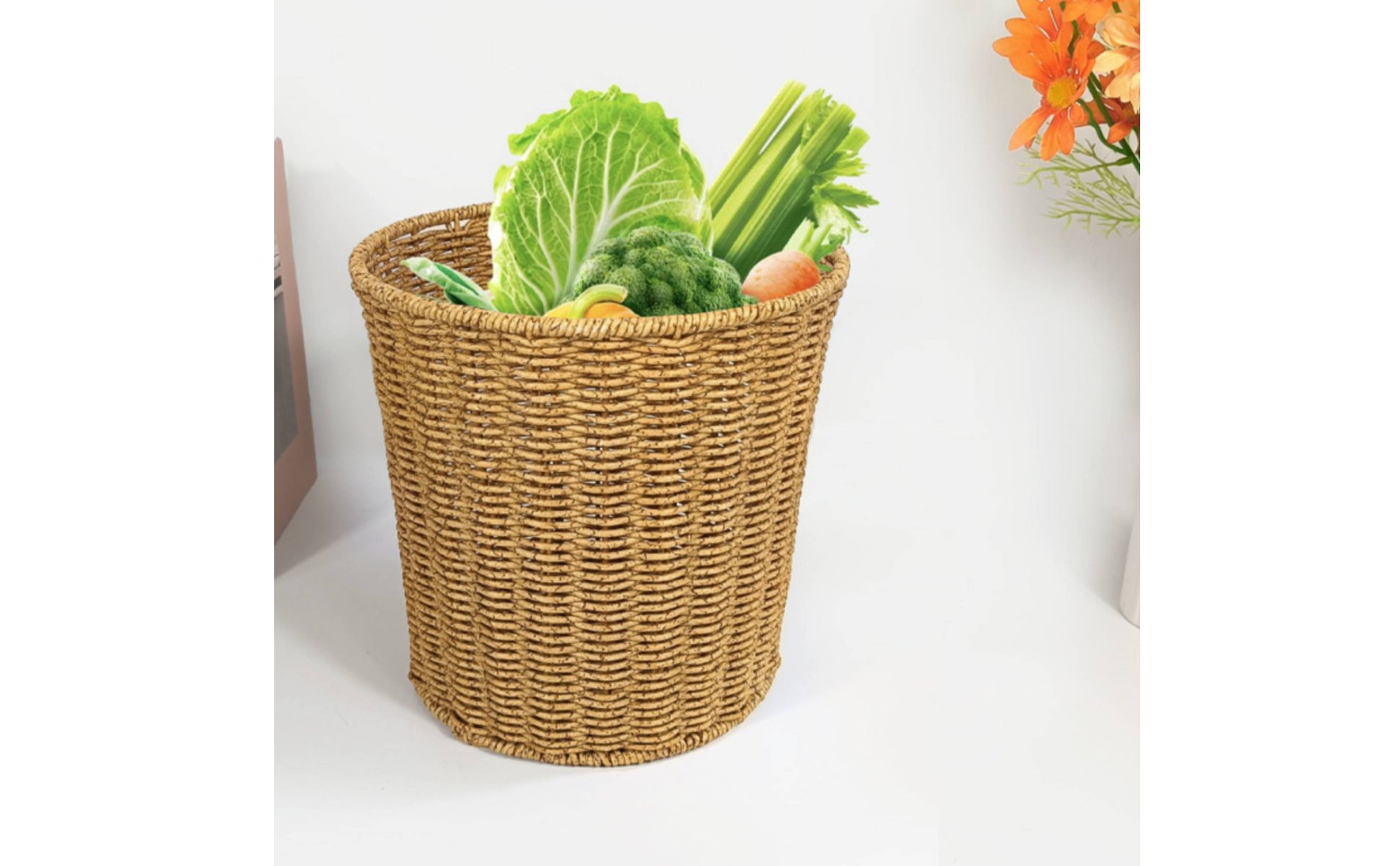 Lidded Trash Bin Retro Design Rattan Waste Bin Woven Texture for Bedroom, Office
