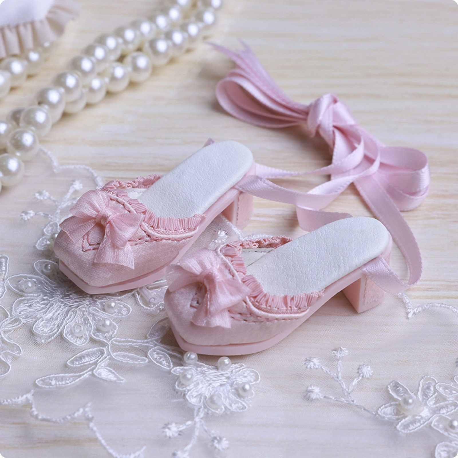 Romantic Mule Shoes Ribbon Wrap Design 1/4 Scale Doll Shoes Realistic Look