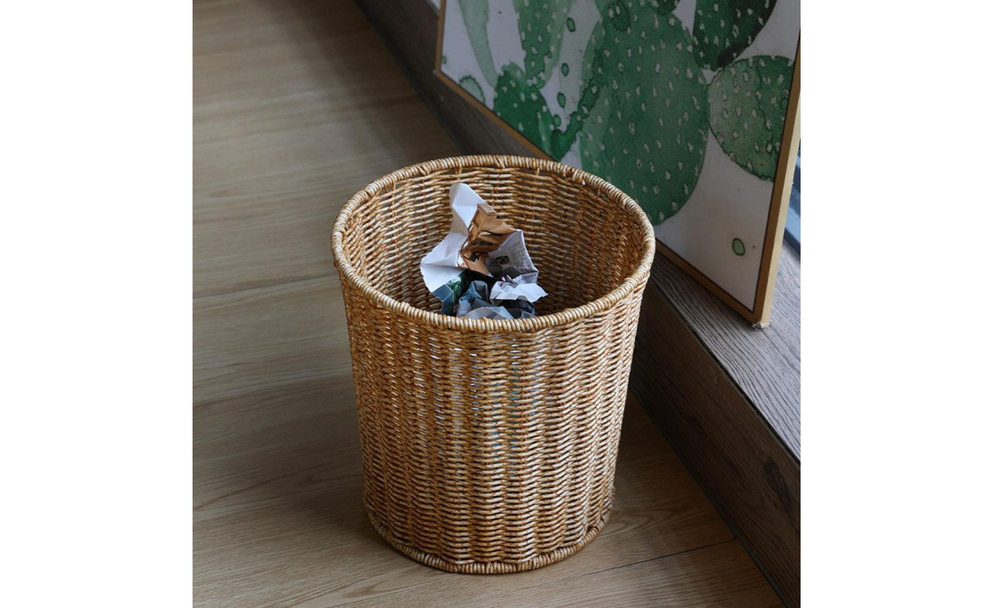Lidded Trash Bin Retro Design Rattan Waste Bin Woven Texture for Bedroom, Office
