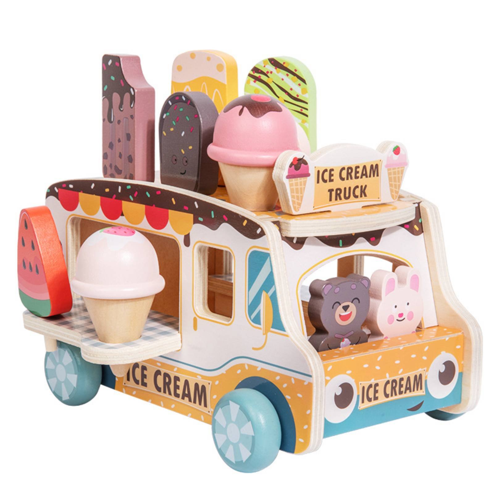 Wooden Dessert Cart on Wheels Realistic Toy Ice Cream Cart Pretend Play Food Accessories for Kids
