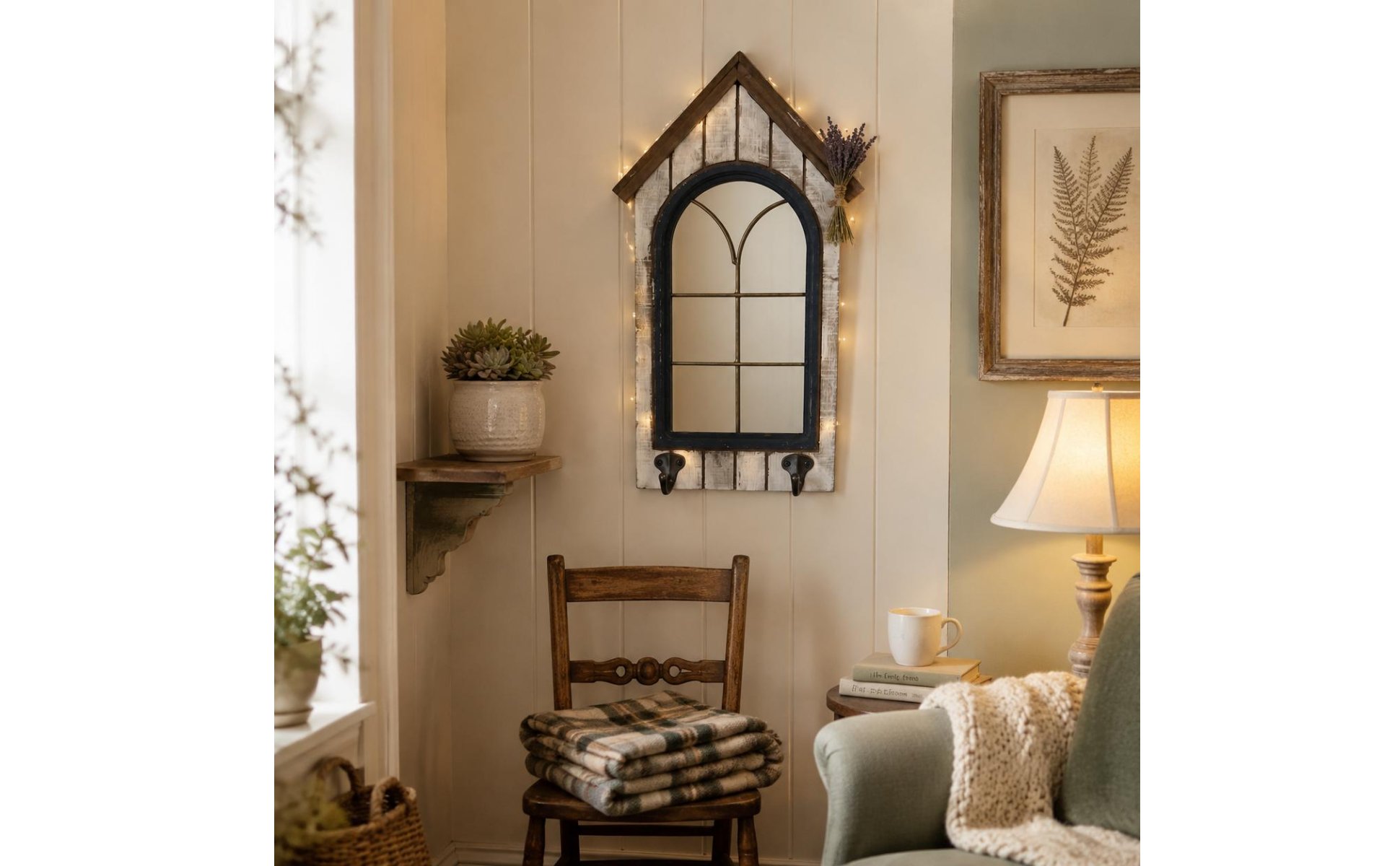 Fake Window Wall Decor Wood and Iron Vintage Window Frame Decor for Courtyard