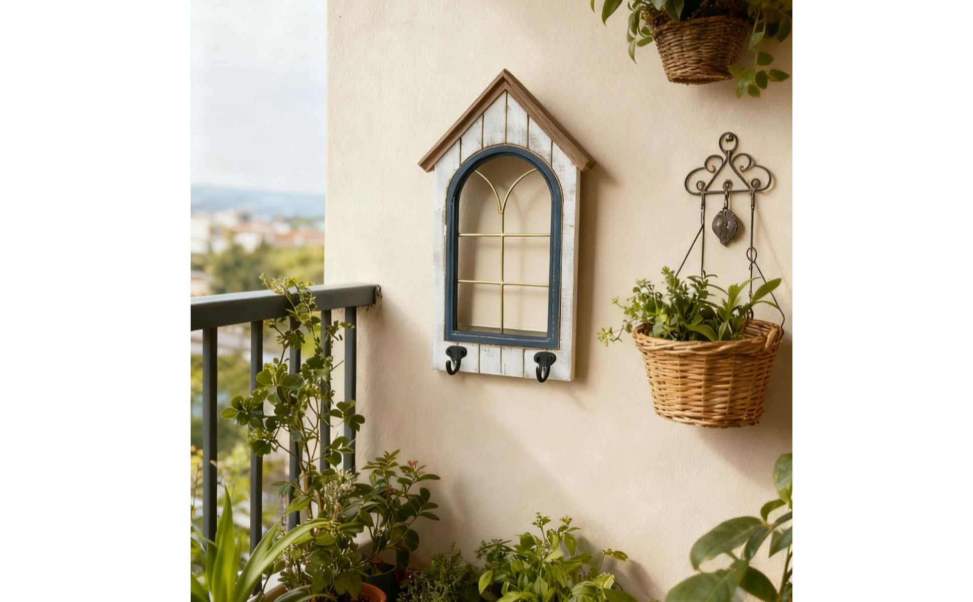 Fake Window Wall Decor Wood and Iron Vintage Window Frame Decor for Courtyard