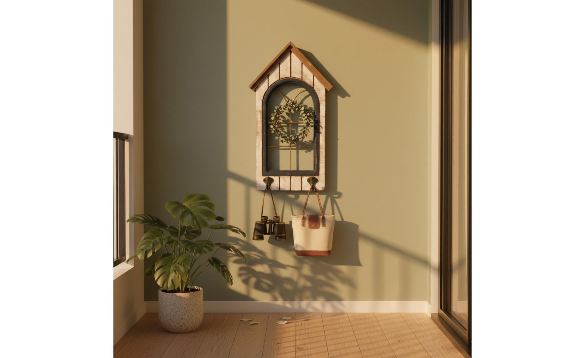 Fake Window Wall Decor Wood and Iron Vintage Window Frame Decor for Courtyard