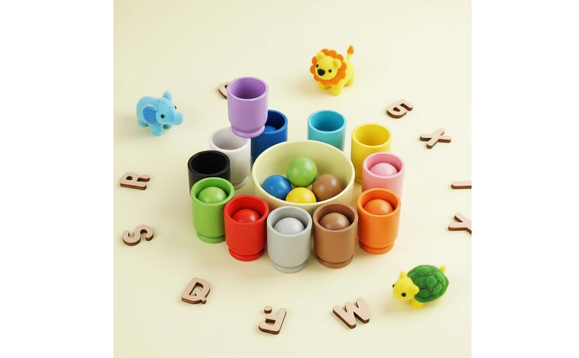 Ball and Cup Color Sorter Hand-Eye Coordination Ball in Cup Toy Wooden Educational Toy for Kids, Kindergarten