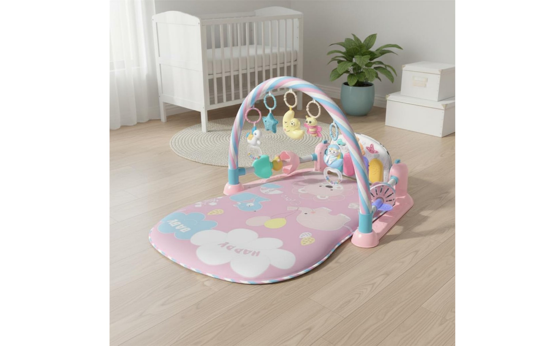 Baby Playpen with Piano Music Feature Musical Baby Bed Portable Playpen Safe Enclosure 4 in 1 Playard Foldable for Newborns