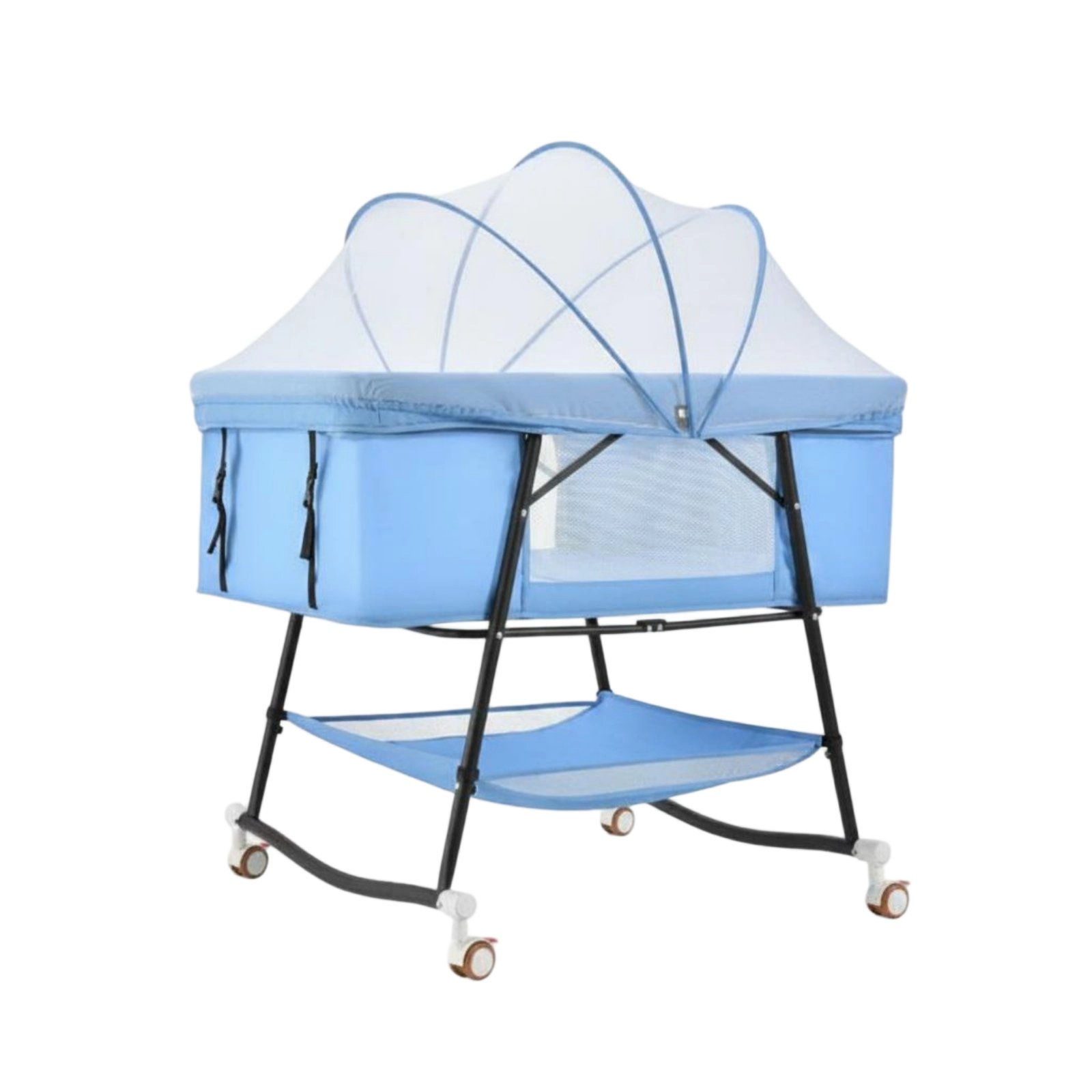 Multi-Function Rolling Baby Cot with Wheels Foldable Crib Storage Basket for Babies