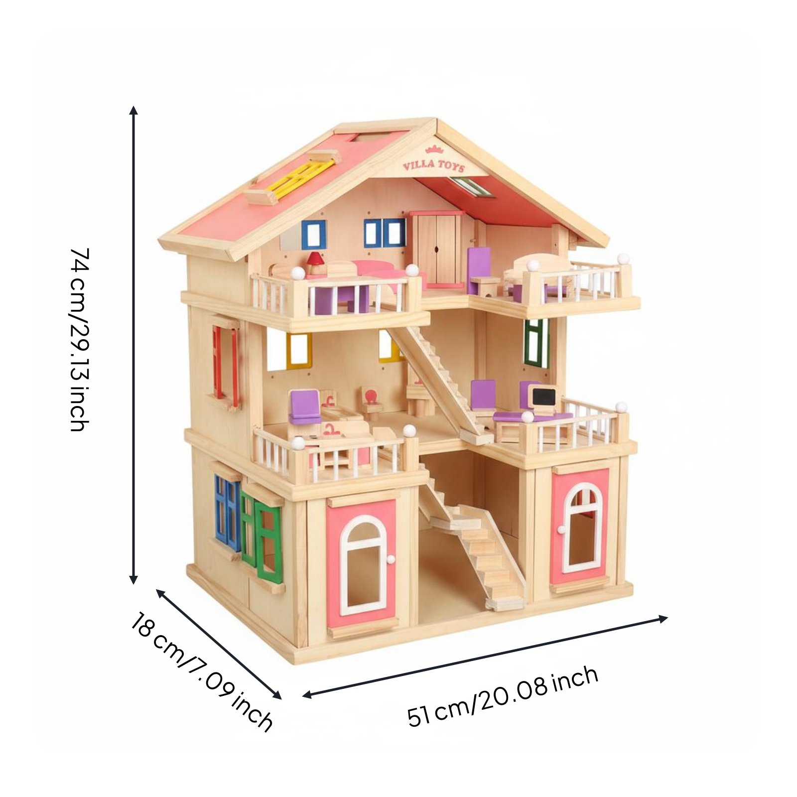 Spanish Villa Dollhouse Multi-Room Design Three-Story Dollhouse Interactive Accessories Pretend Play House for Kids, Young Children