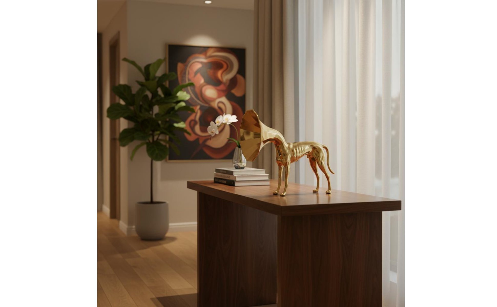 Goldene Trompeten-Hundefigur Goldfarben Hundefigur Glänzende Oberfläche