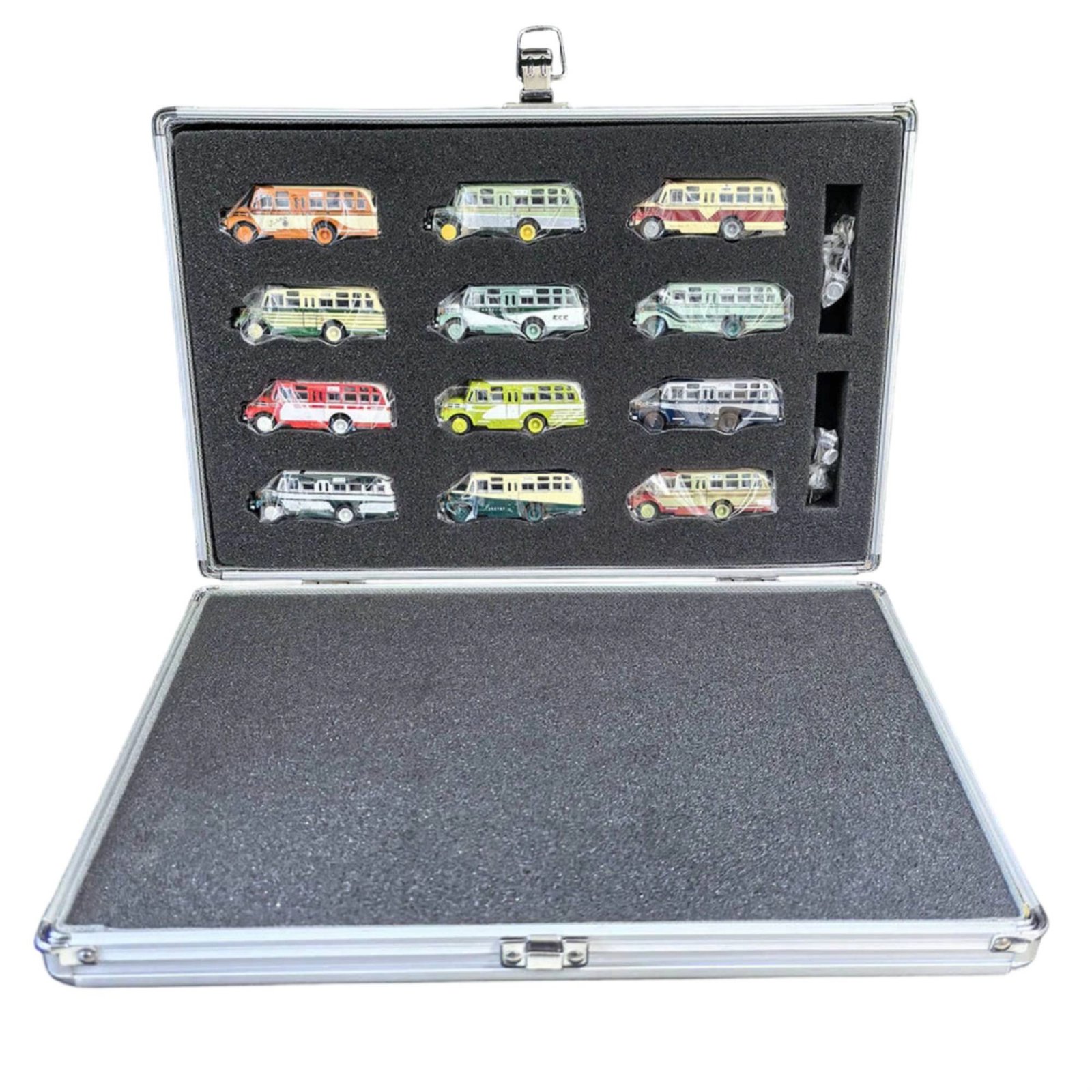 12 Pieces 1/110 Scale Bus Model with aluminum storage case Mini Bus Model Display Case for Collectors