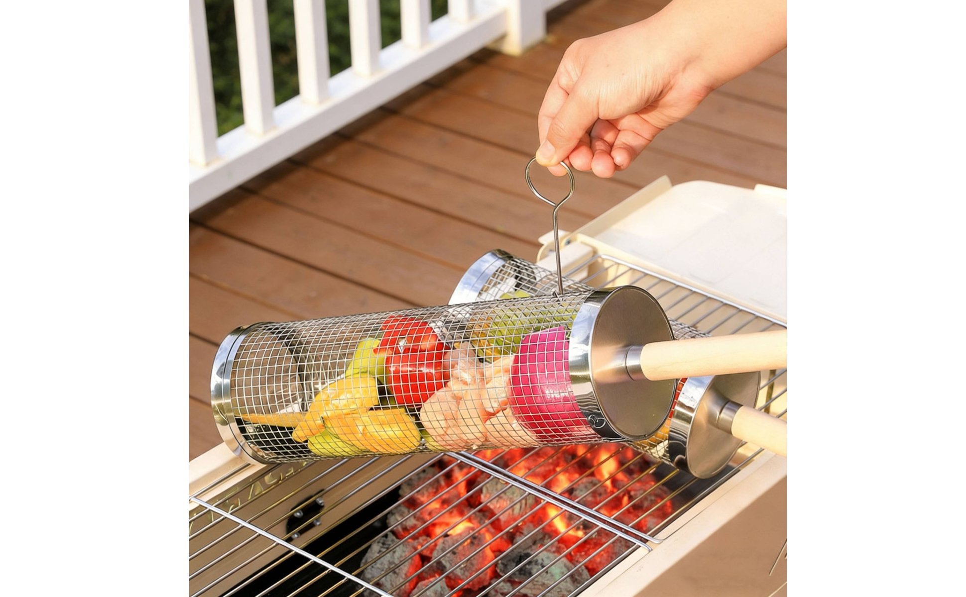 Rollender Grillkorb Rotierend Holzgriff-Grillkorb Rostfreier Stahl für Outdoor