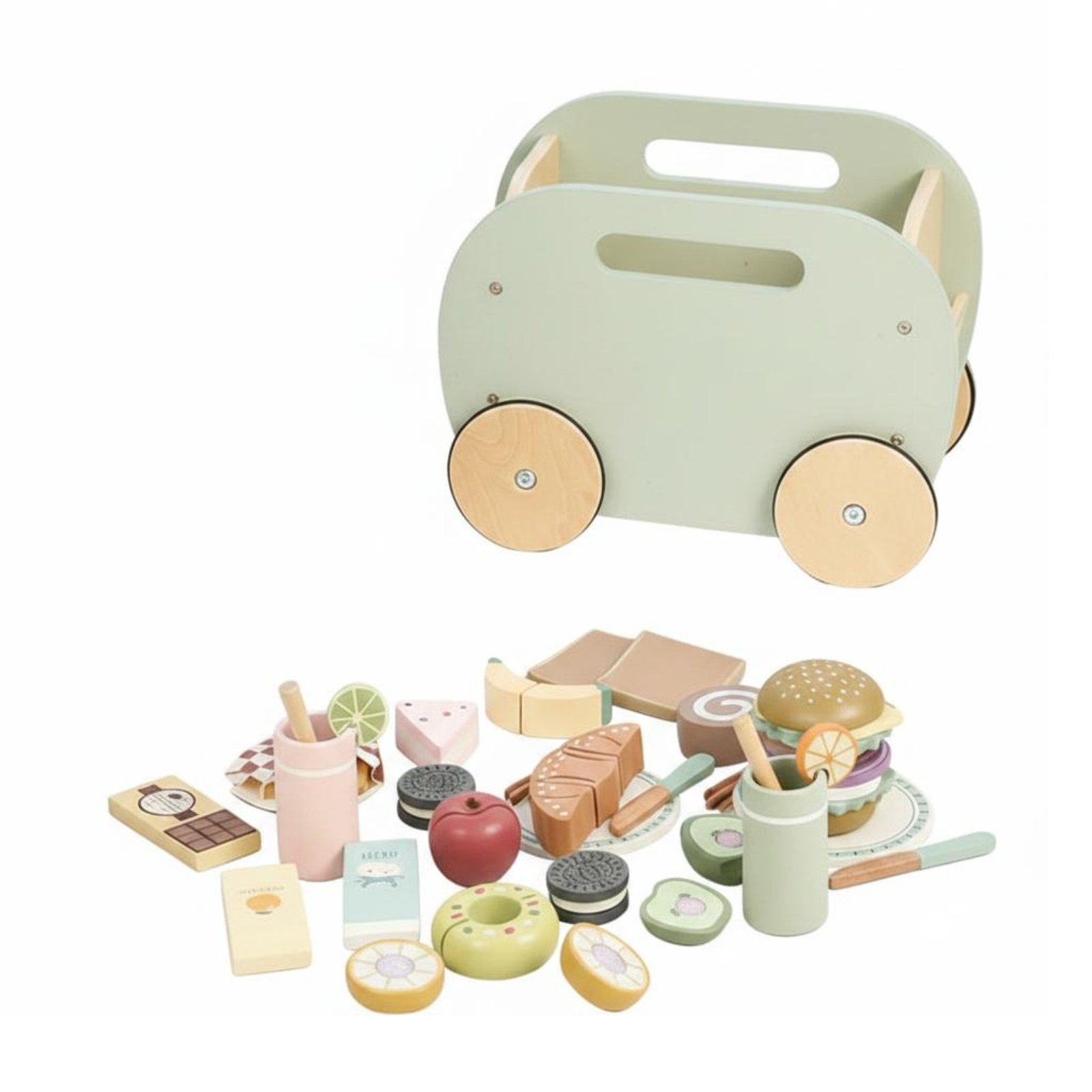 31 Pieces Wooden Food Truck Playset Great Gift Wooden Picnic Cart Set Kids Play Wood Snack Cart for Playroom
