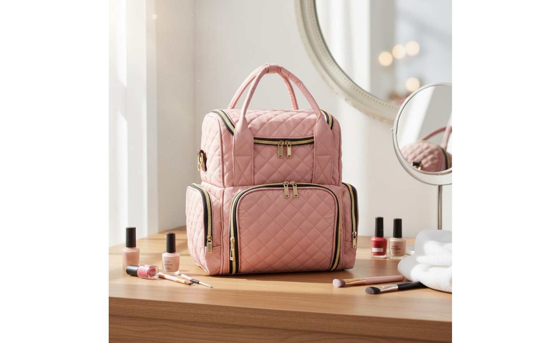 Large Capacity Double Layer Nail Bag Shoulder Strap Nail Tech Bag Portable Quilted Cosmetic Case Handle for Salon