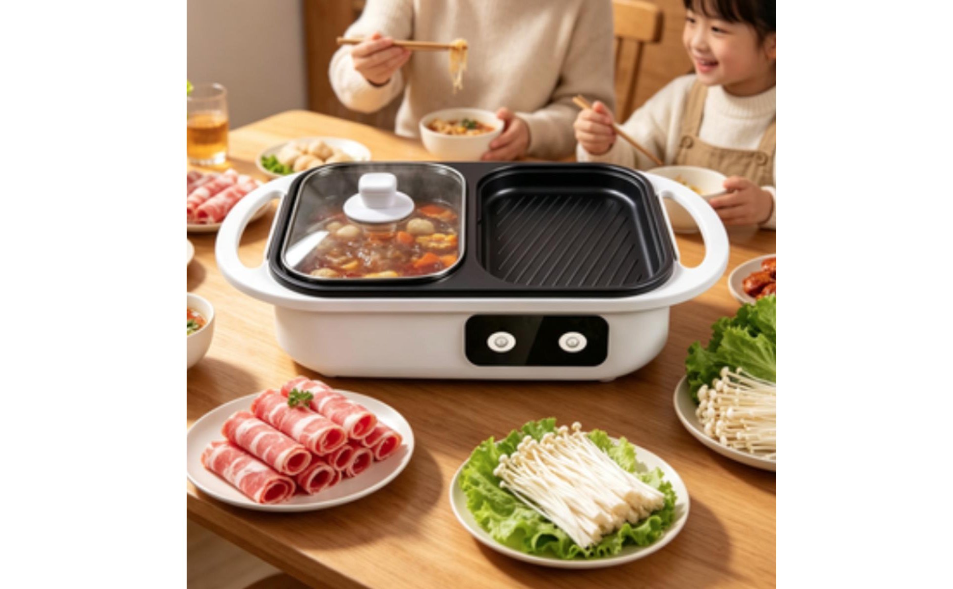 2-in-1 Electric Hot Pot Grill Easy to Clean 2 in 1 Electric Hot Pot Grill Fast Heating Small Appliance for Couples, Parties