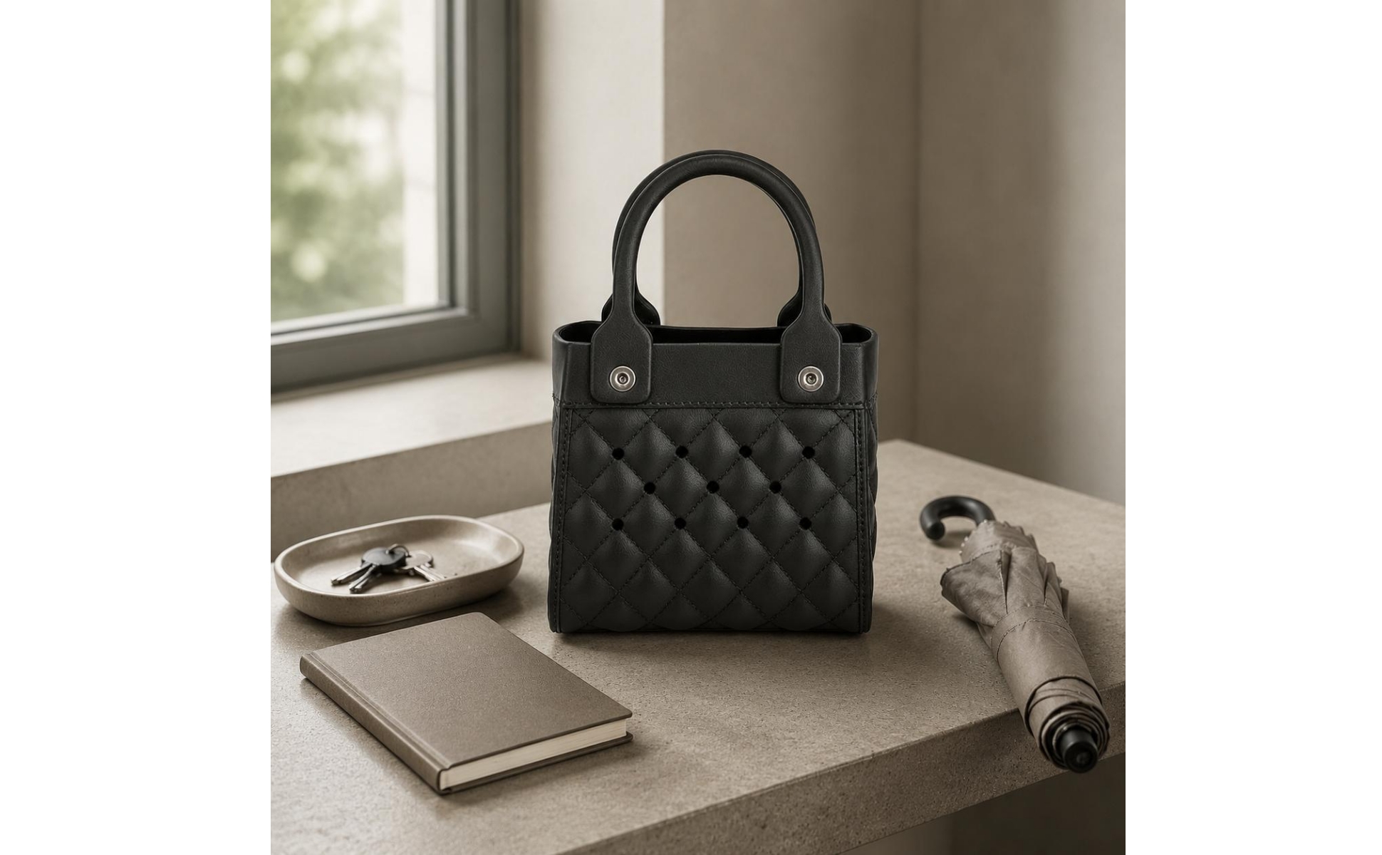 Quilted Tote Handbag Cutout Feature uncoveredTop Tote Handbag Reinforced Side