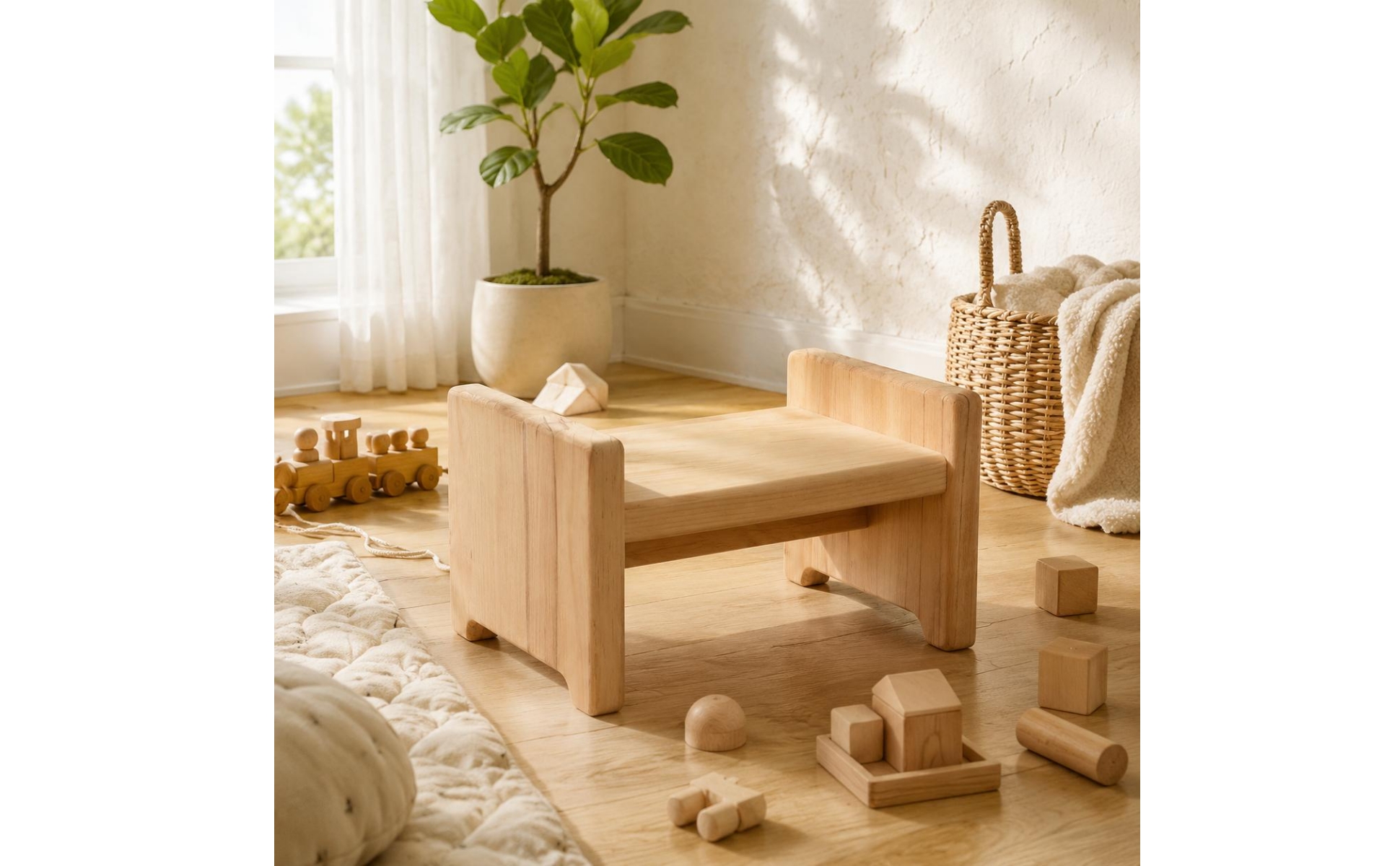 Wooden Box Stool Solid Wood Rectangular Wooden Stool Rounded Edges