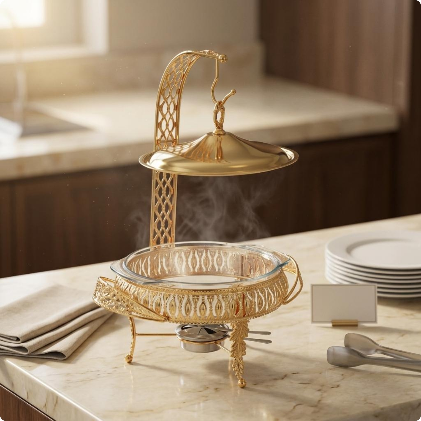 Buffet Chafing Dish Lattice Design Glass Lid Chafer Curved Handles