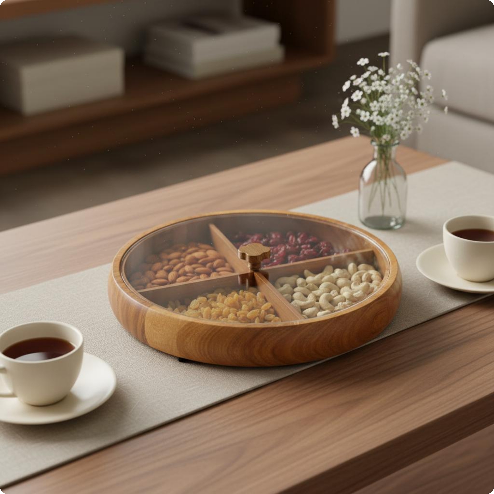 Round Wooden Snack Tray with Lid Divided Dry Fruit Tray 4 Compartments
