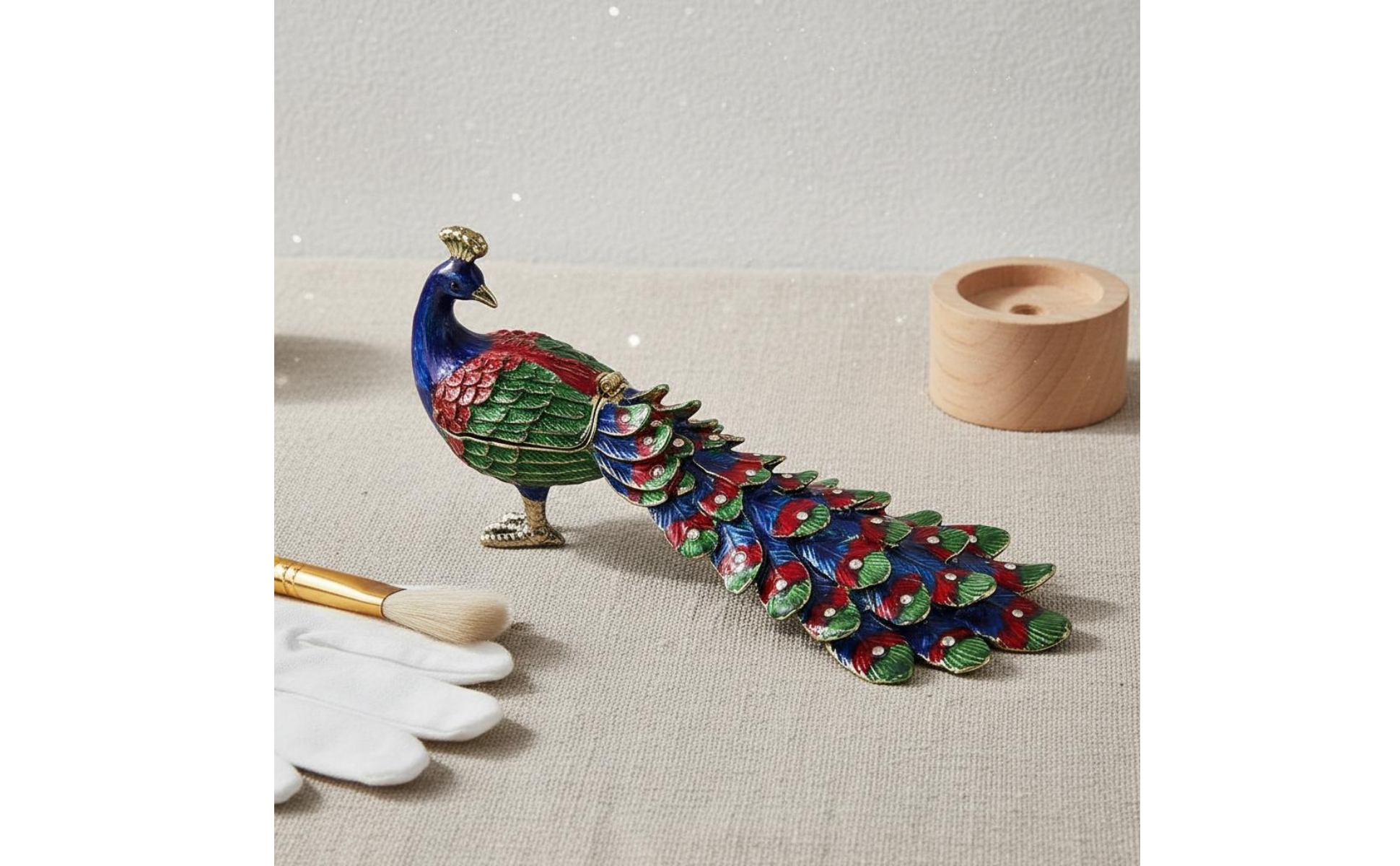 2 Stück Pfau Dekofigur handbemalt bunte Pfauenskulptur mit Strasssteinen
