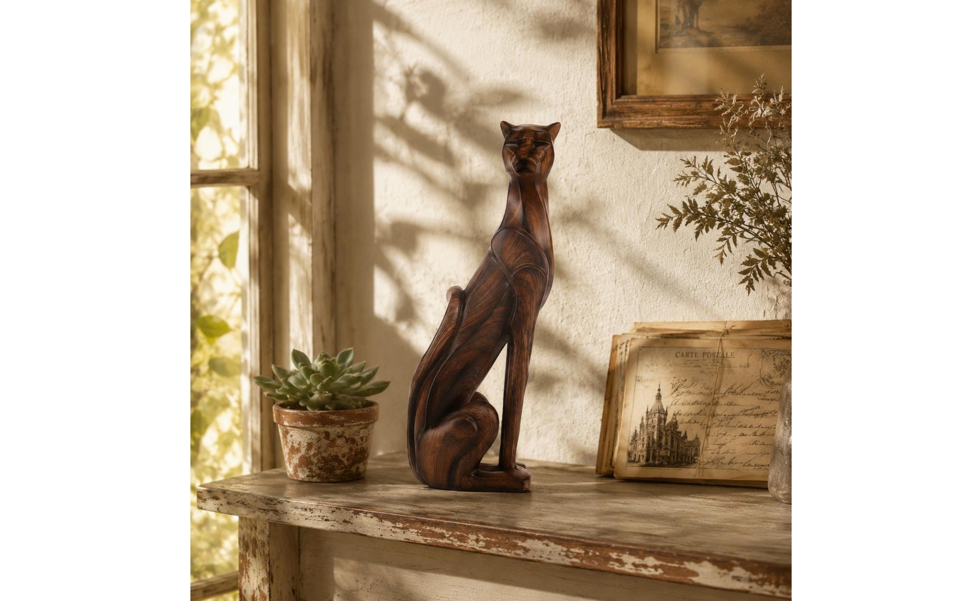 Wood Grain Dog Figurine Compact Size Hound Sculpture for Living Room, Entryway