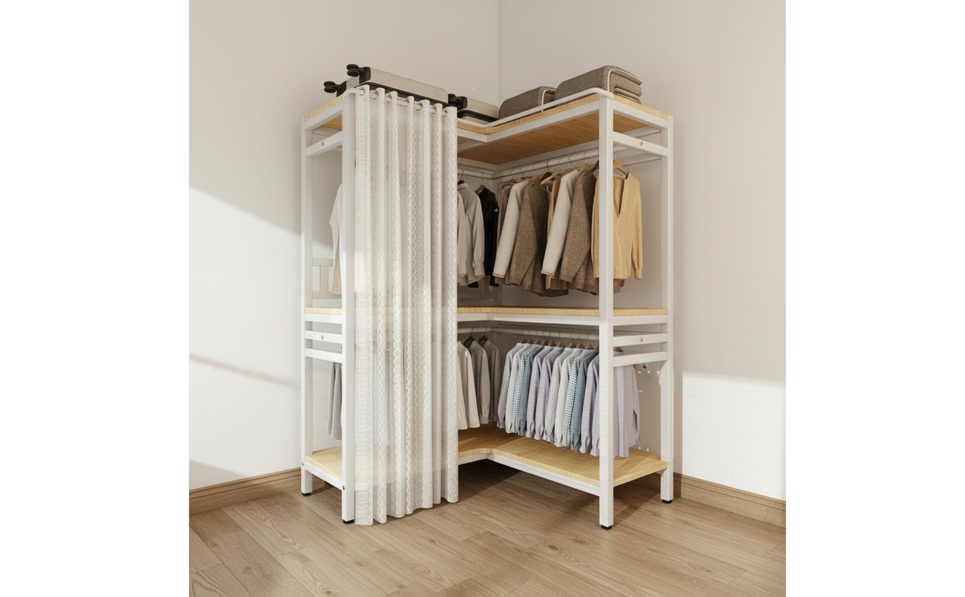 Accessible Corner Wardrobe Space-Saving Corner Garment Rack Metal Wardrobe Cabinet Easy to Reach Metal Closet Organizer