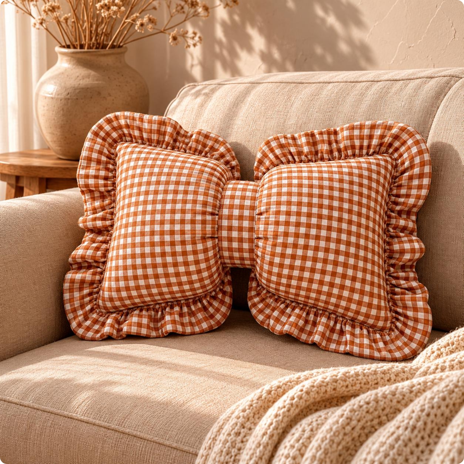 Bow-Shaped Pillow Cover and Insert Gingham Cushion Farmhouse Aesthetic