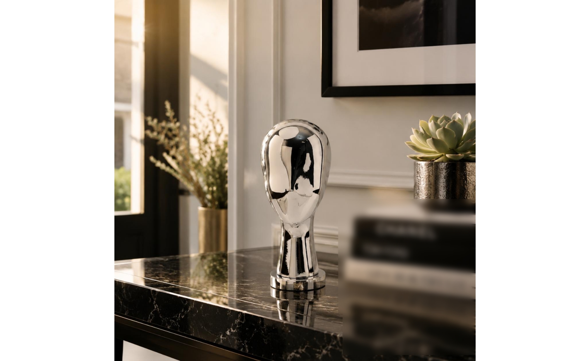 Mirror Head Sculpture Luxury Look Silver Head Bust Modern Design