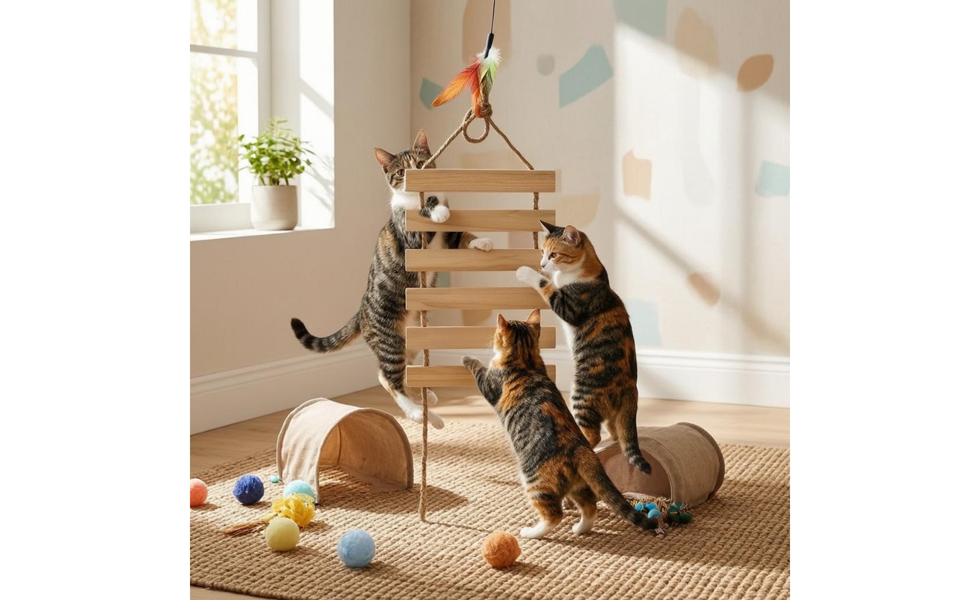 Pet Climbing Ladder Hanging Wooden Pet Ladder Natural Wood