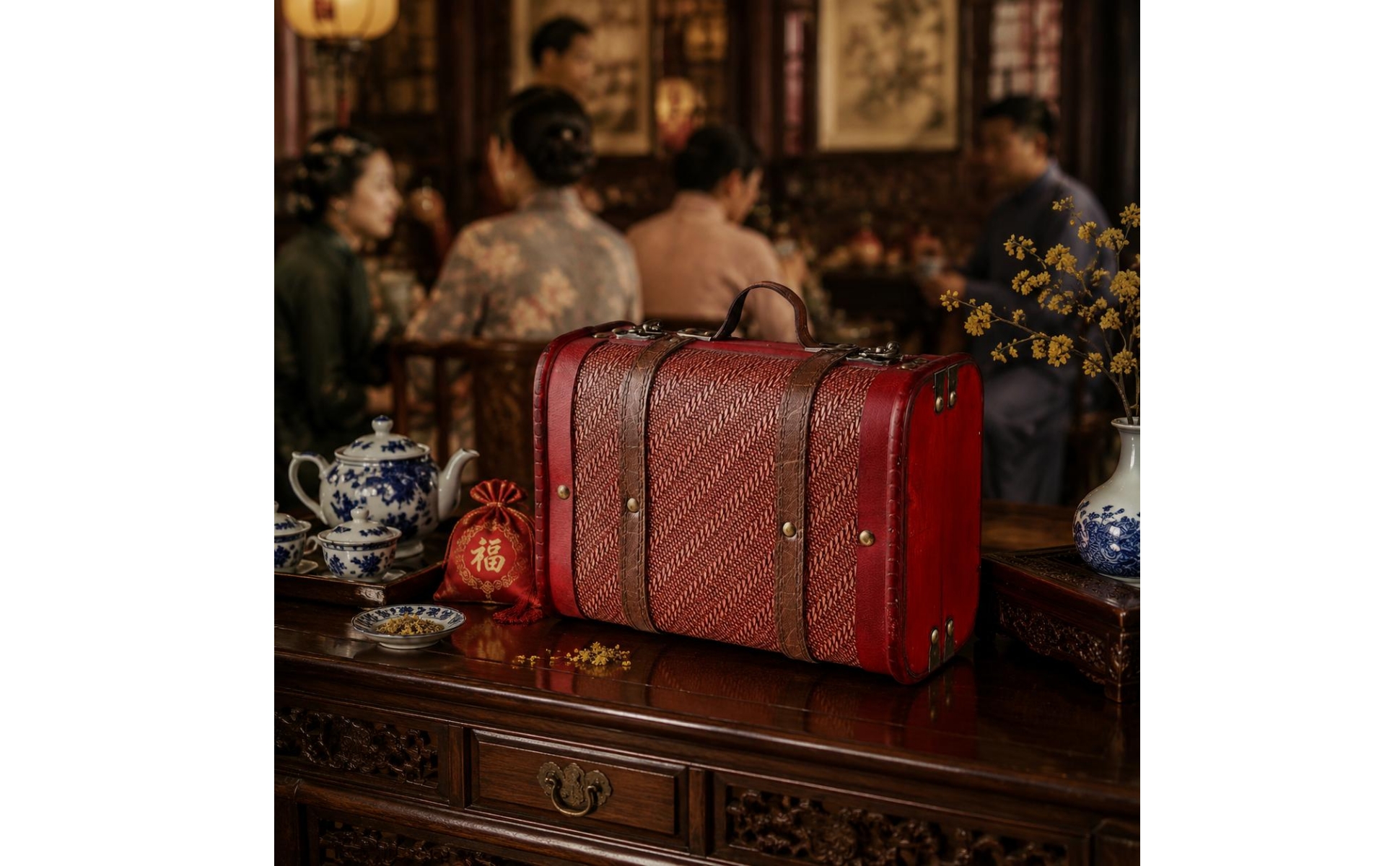 Wooden Storage Suitcase Woven-Textured Portable Storage Suitcase