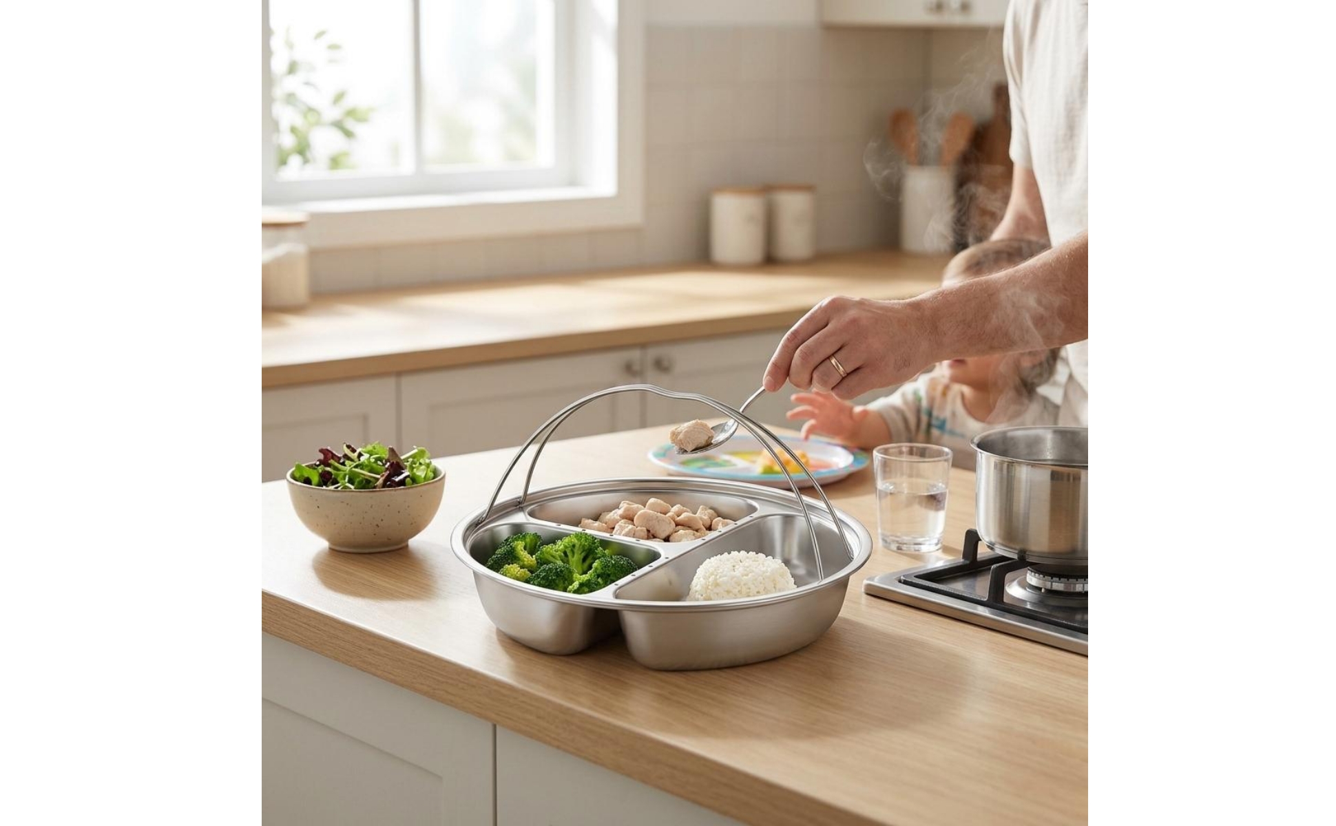 Compartmented Steaming Plate Raised Walls Stainless Steel Steaming Tray